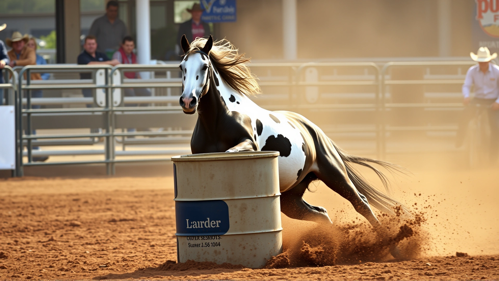 Dynamic action shot of an American Paint Horse rounding a barrel at a rodeo, dust flying behind.