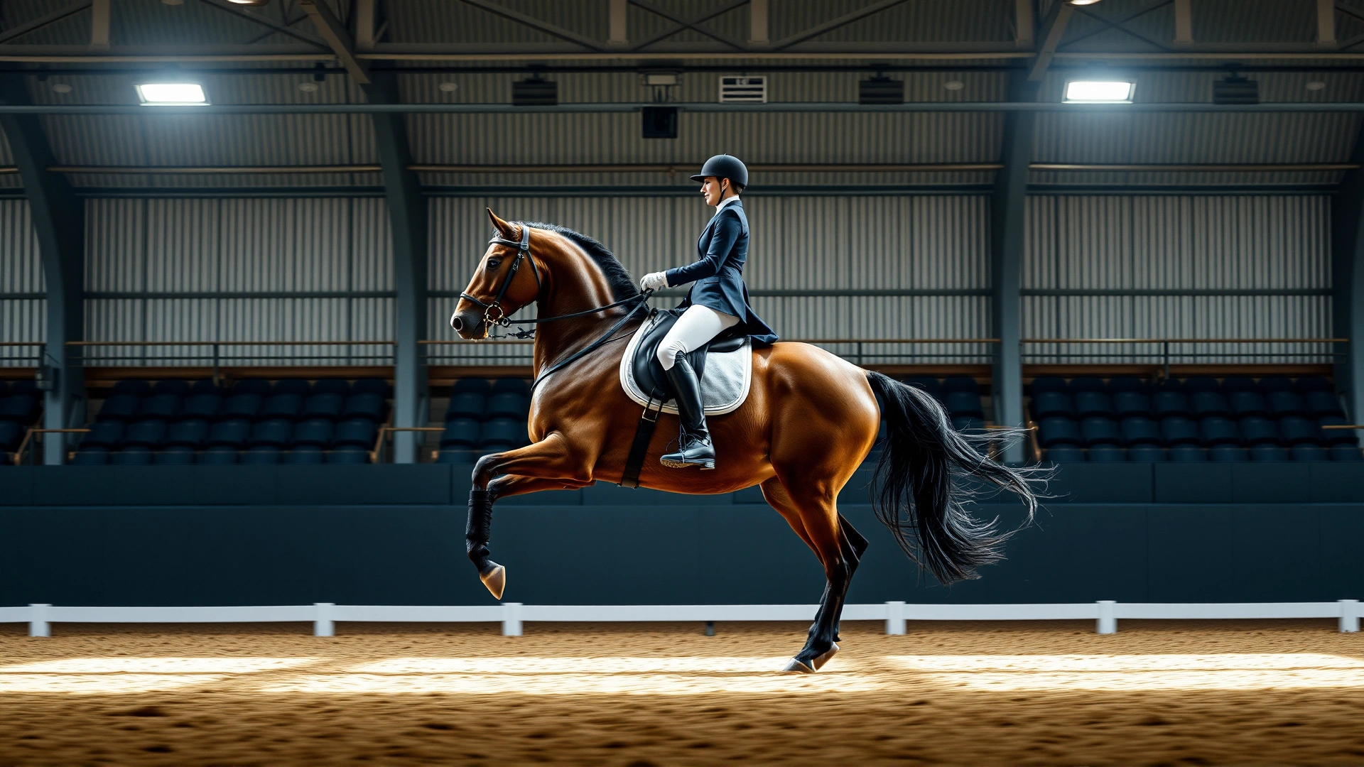 Dynamic shot of a rider performing dressage on a Knabstrupper in a professional arena, the horse in mid-stride showing elegant movement, no text