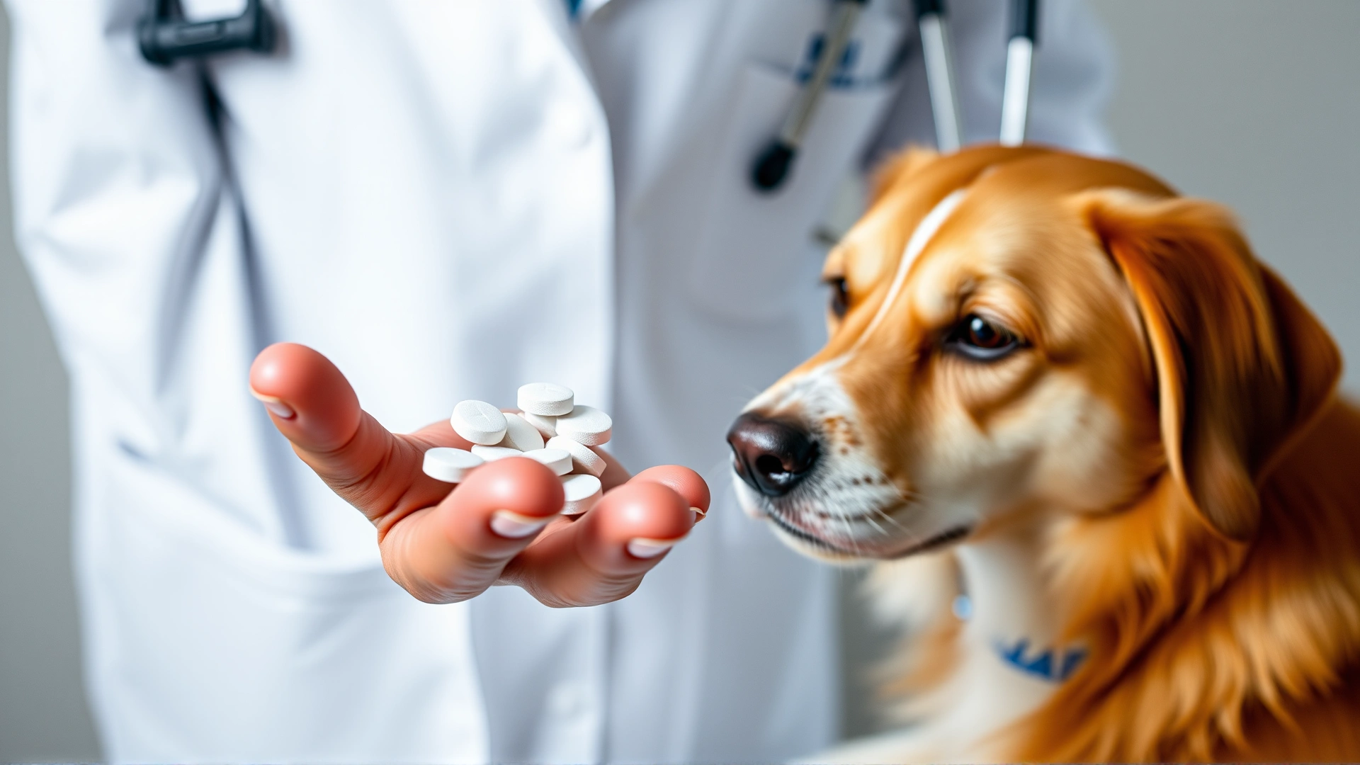 Veterinarian hand presenting chewable Rimadyl tablets to camera with a calm dog beside the exam table