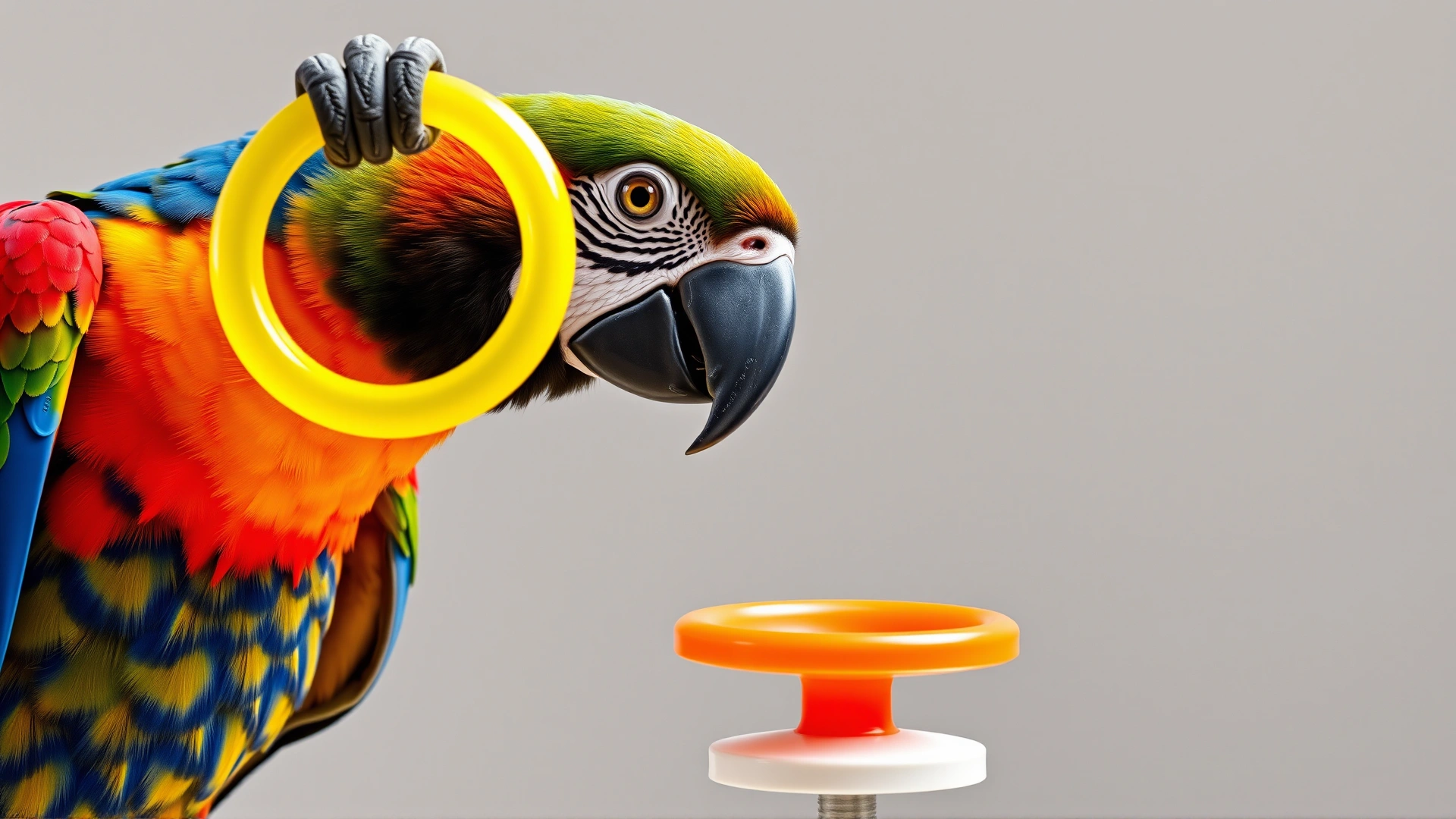 Parrot holding a bright plastic ring in its beak, aiming toward a small peg base during ring toss game; clean background
