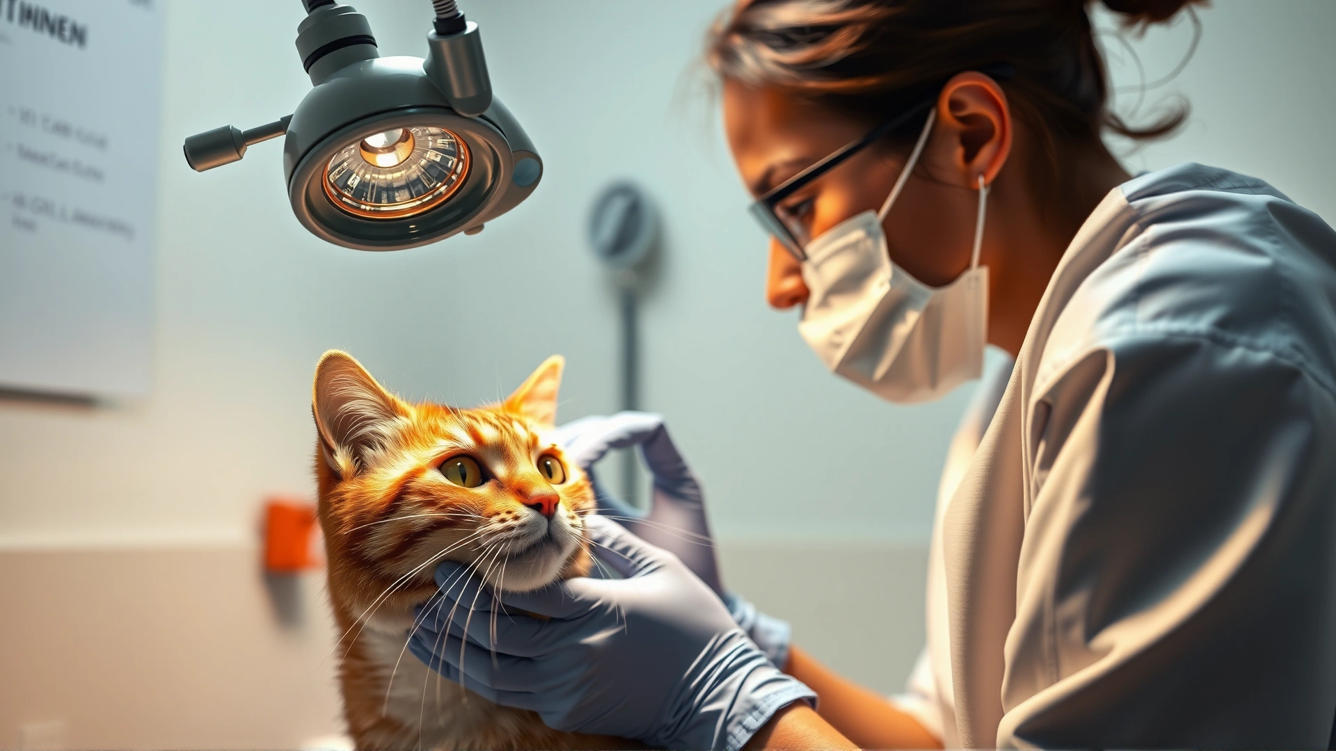 Veterinarian wearing gloves examining a cat under a Wood's lamp in a clinic setting to check for ringworm.