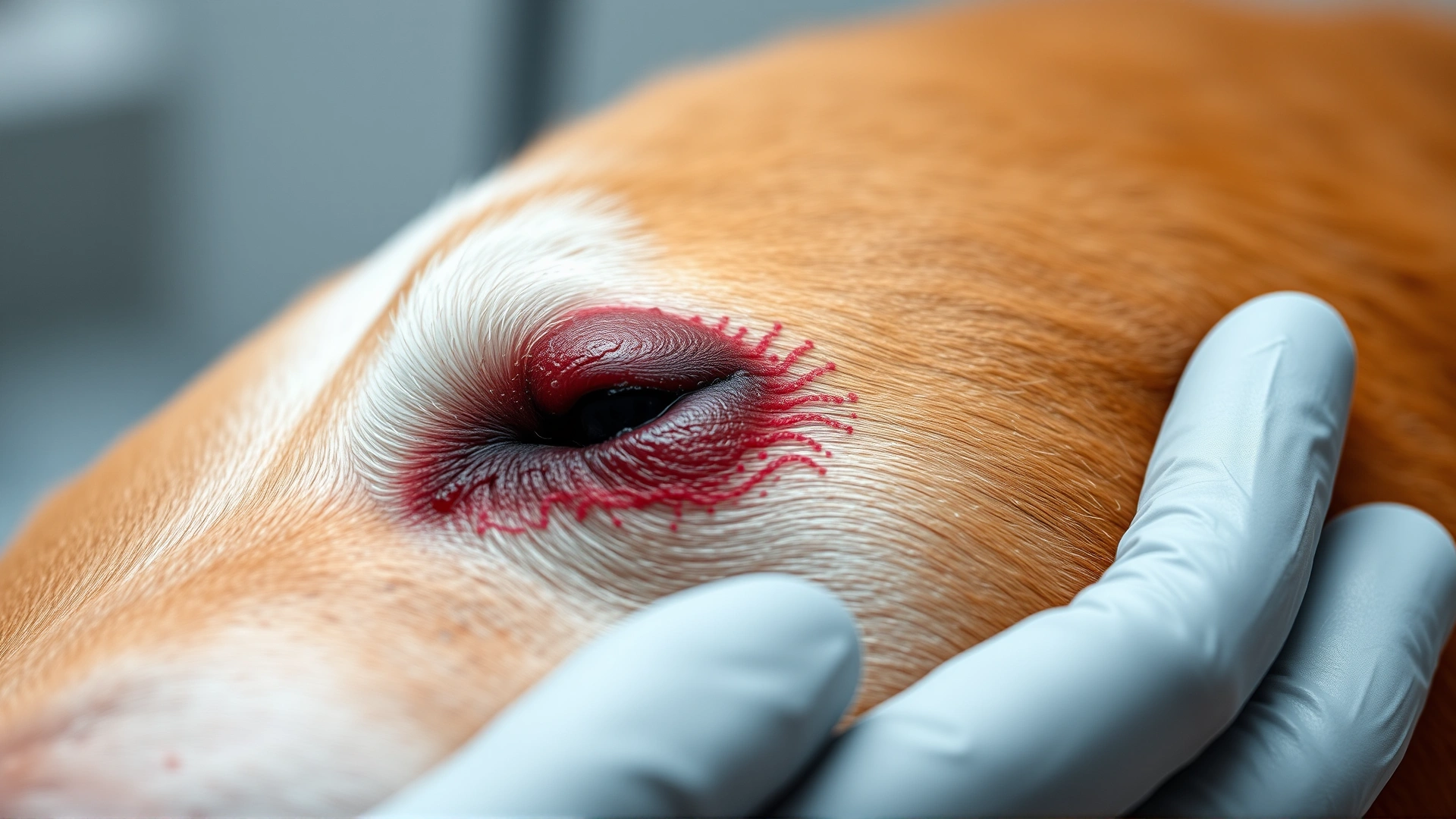 Image showing a circular ringworm lesion on a dog's skin during veterinary examination, clear focus