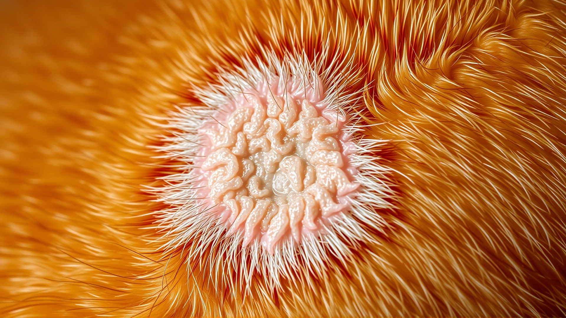 Macro photo of a cat’s skin showing a classic ringworm bald patch with inflamed edges