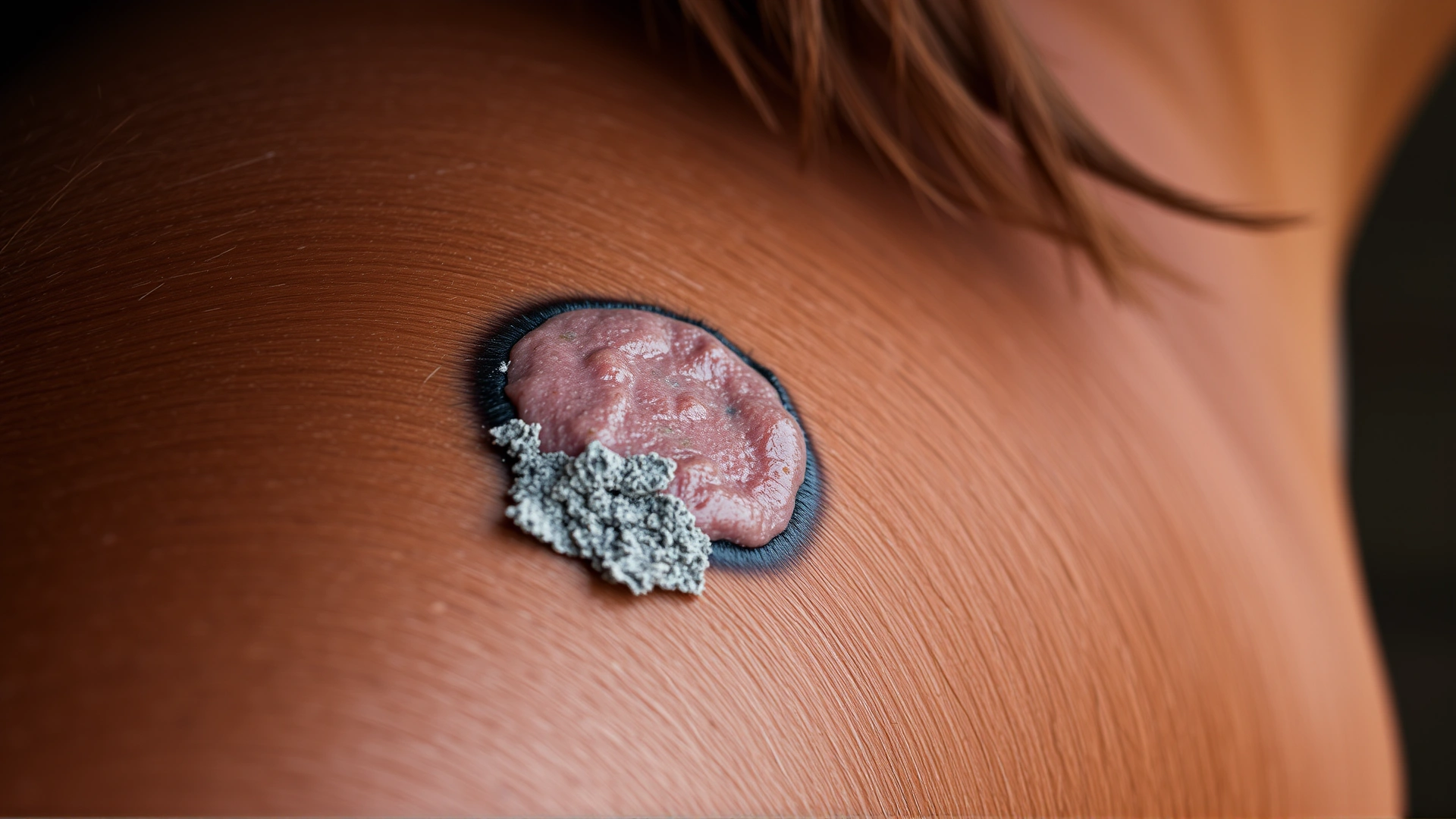 Macro shot of a circular hairless ringworm lesion with gray crust on a horse’s shoulder.