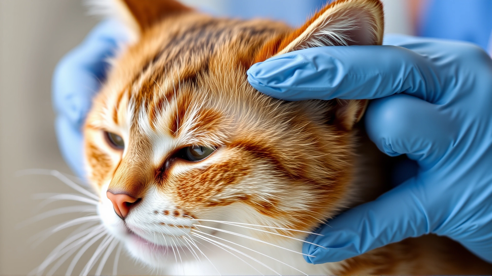 Close-up photo of a veterinarian gently parting a cat’s fur to reveal a small circular ringworm lesion on the skin; the background is softly blurred to keep focus on the lesion and the vet’s gloved hands.
