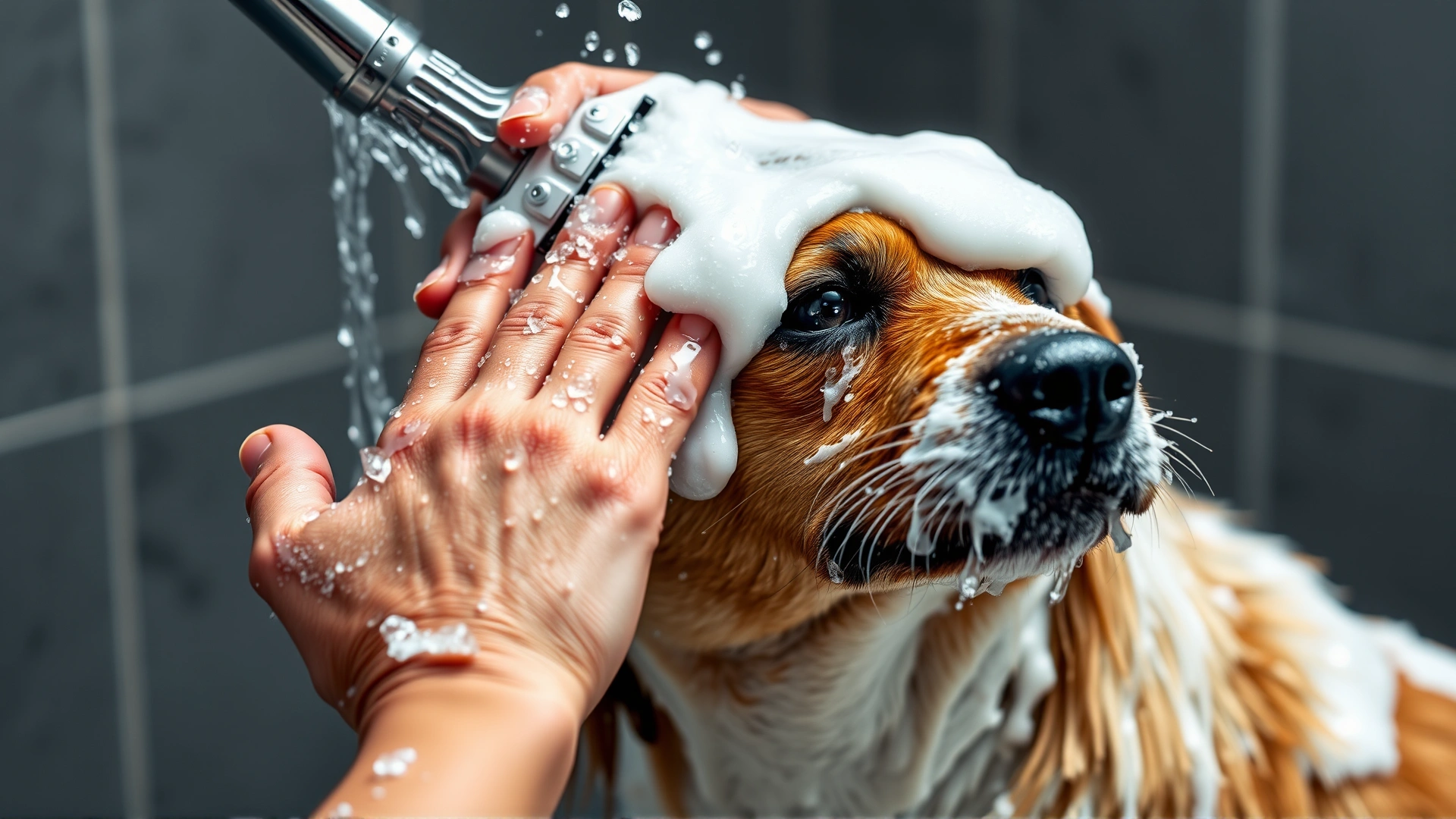 Hands rinsing thick soap lather off a medium-sized dog’s coat with a showerhead, water droplets clearly visible