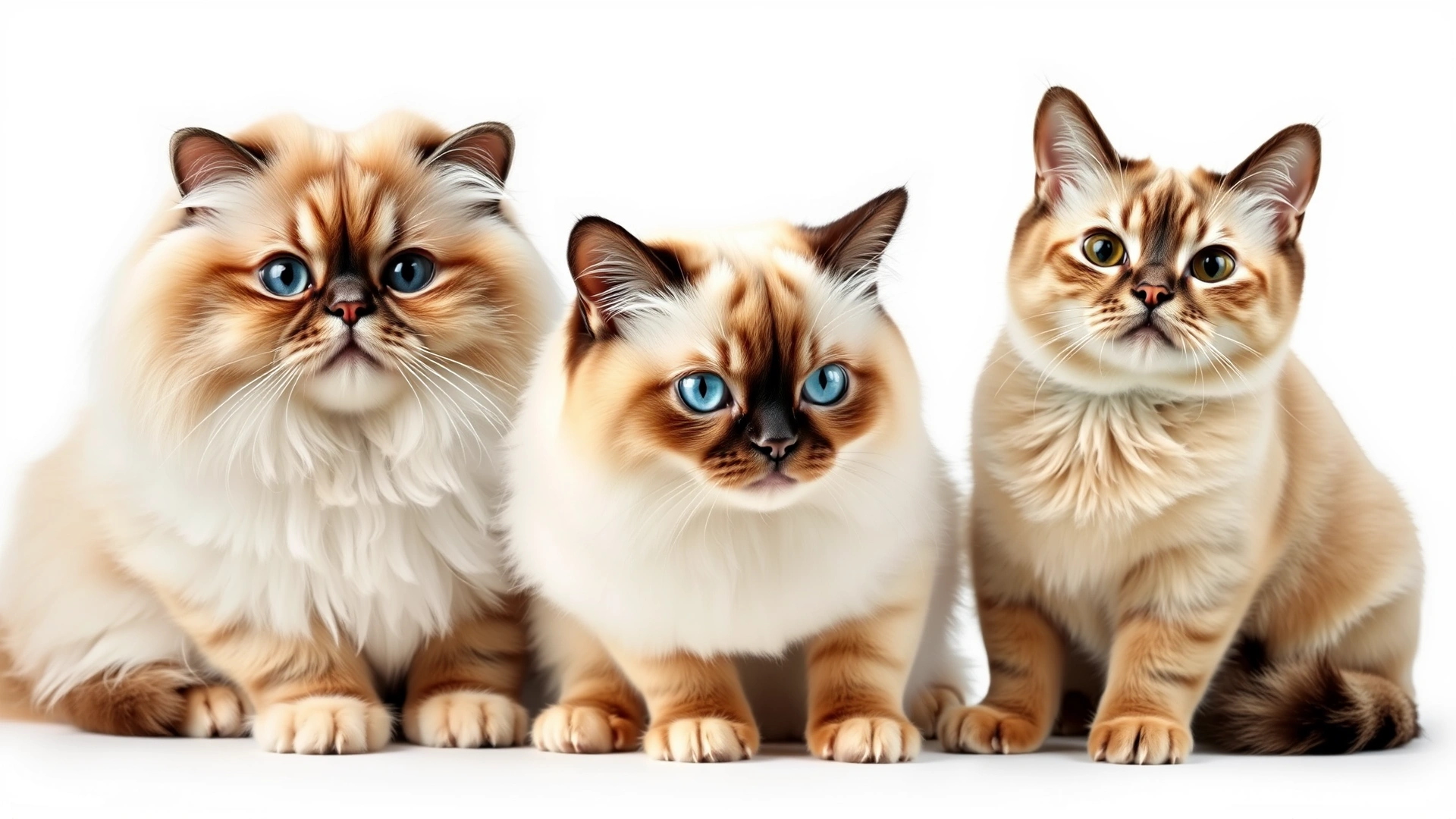 Collage of three popular brachycephalic cat breeds (Persian, Himalayan, Exotic Shorthair) sitting side by side, white backdrop, studio lighting.