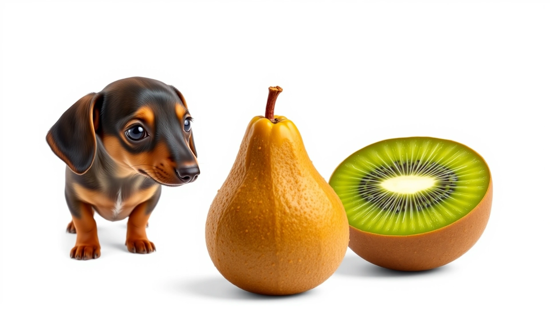 Small dachshund looking at a whole unpeeled kiwi fruit with a cautious expression, isolated on a plain background, no text