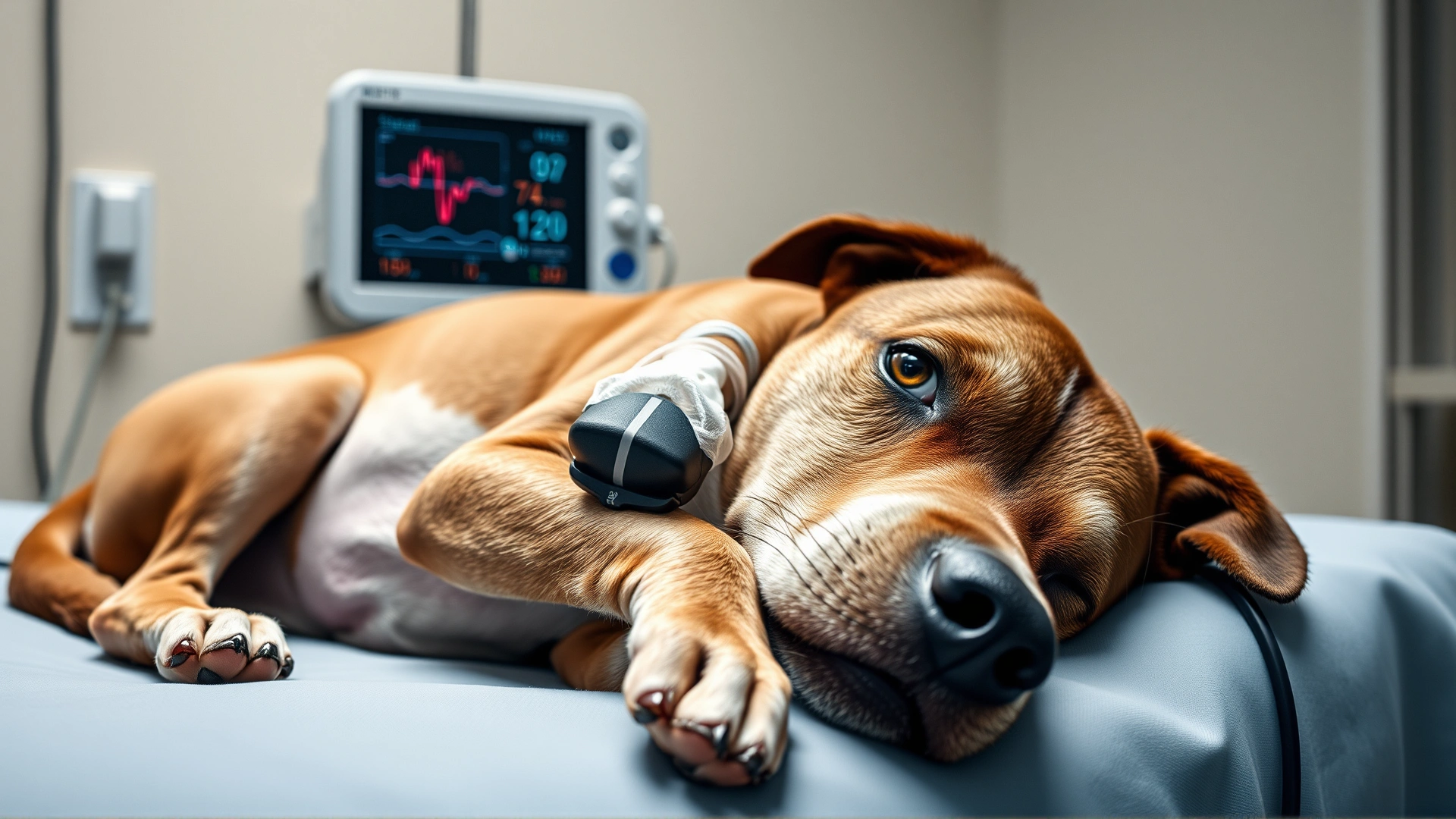 Recovering dog lying on a veterinary bed with an IV line attached and a heart-rate monitor in the background, emphasizing potential surgical risks.
