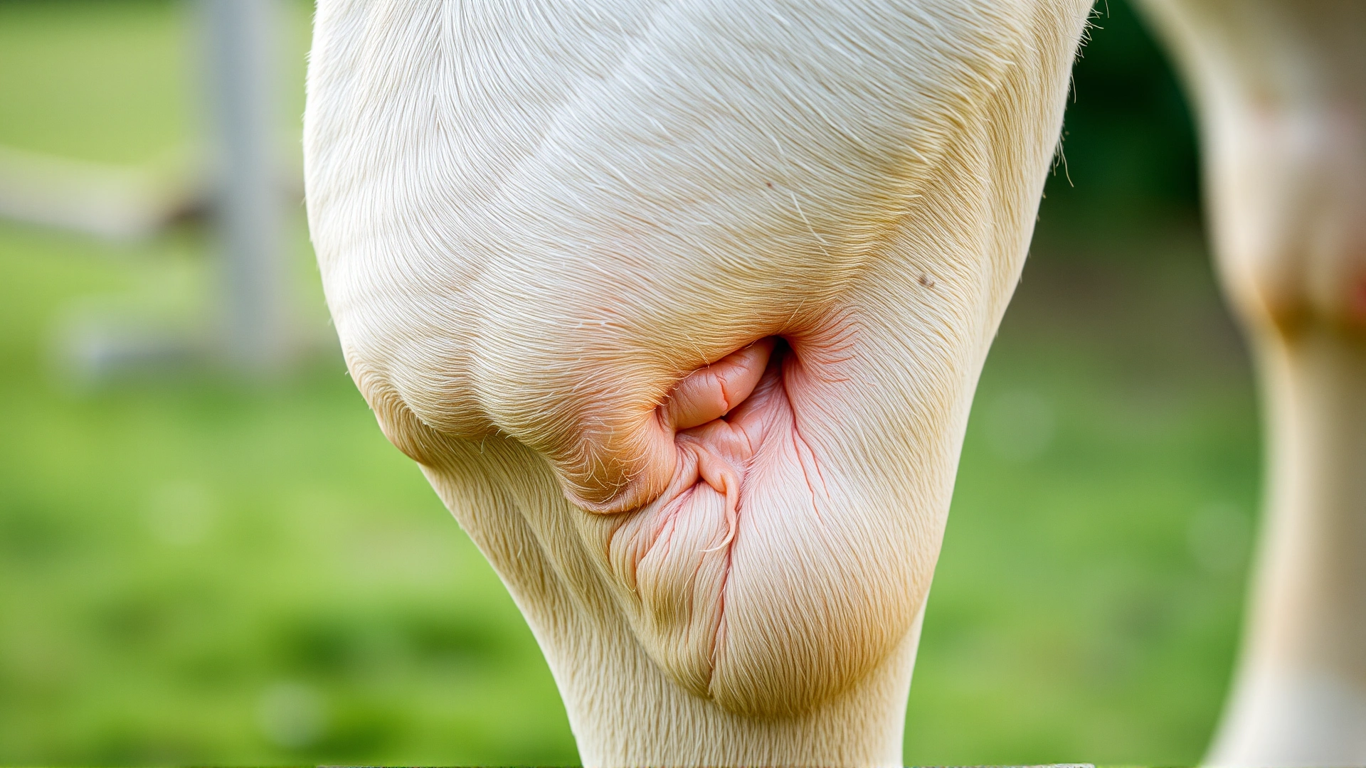 Macro photograph of a horse's lower leg showing light hair and thin skin to illustrate the area most susceptible to proud flesh