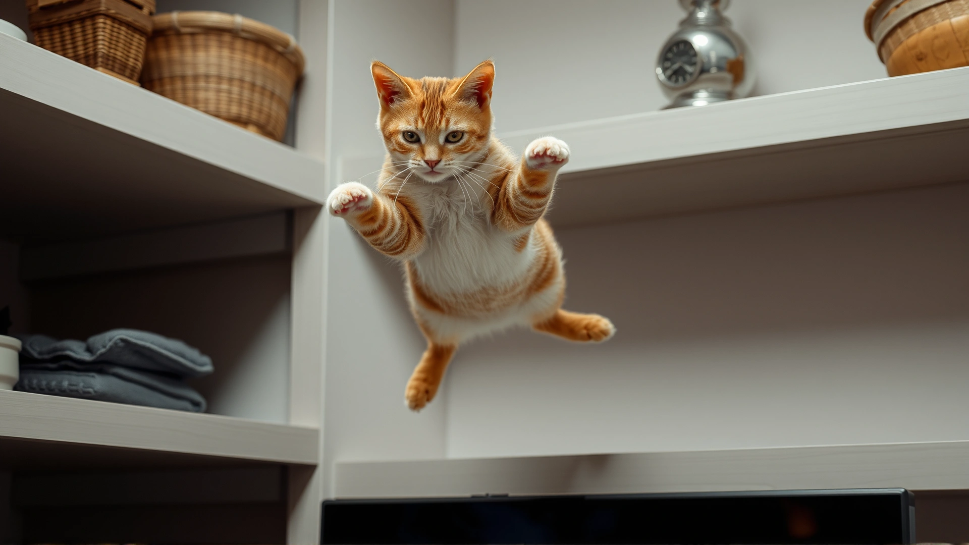 Photo of an indoor cat jumping from a high shelf illustrating potential abdominal trauma risk