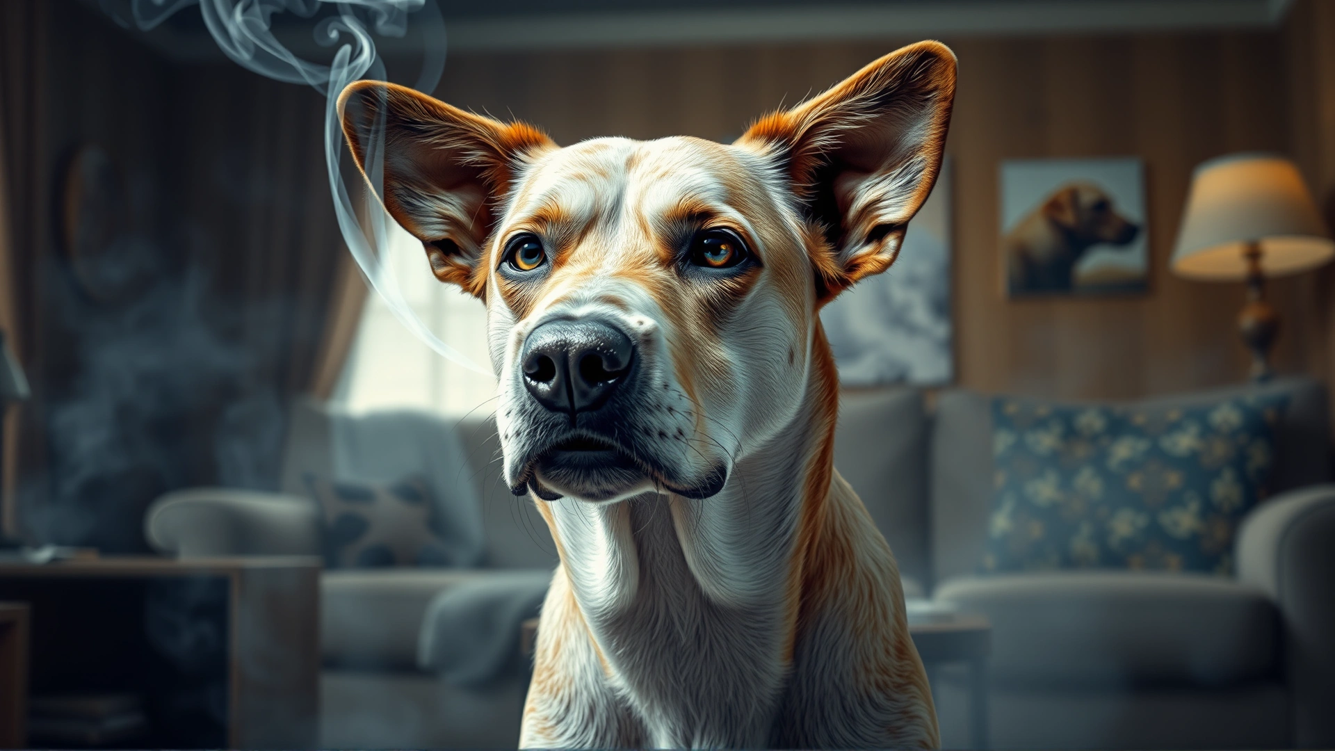 Middle-aged dog in a smoky living room with visible cigarette smoke haze, conveying secondhand smoke exposure risk. Realistic, slight cinematic tone, no text.