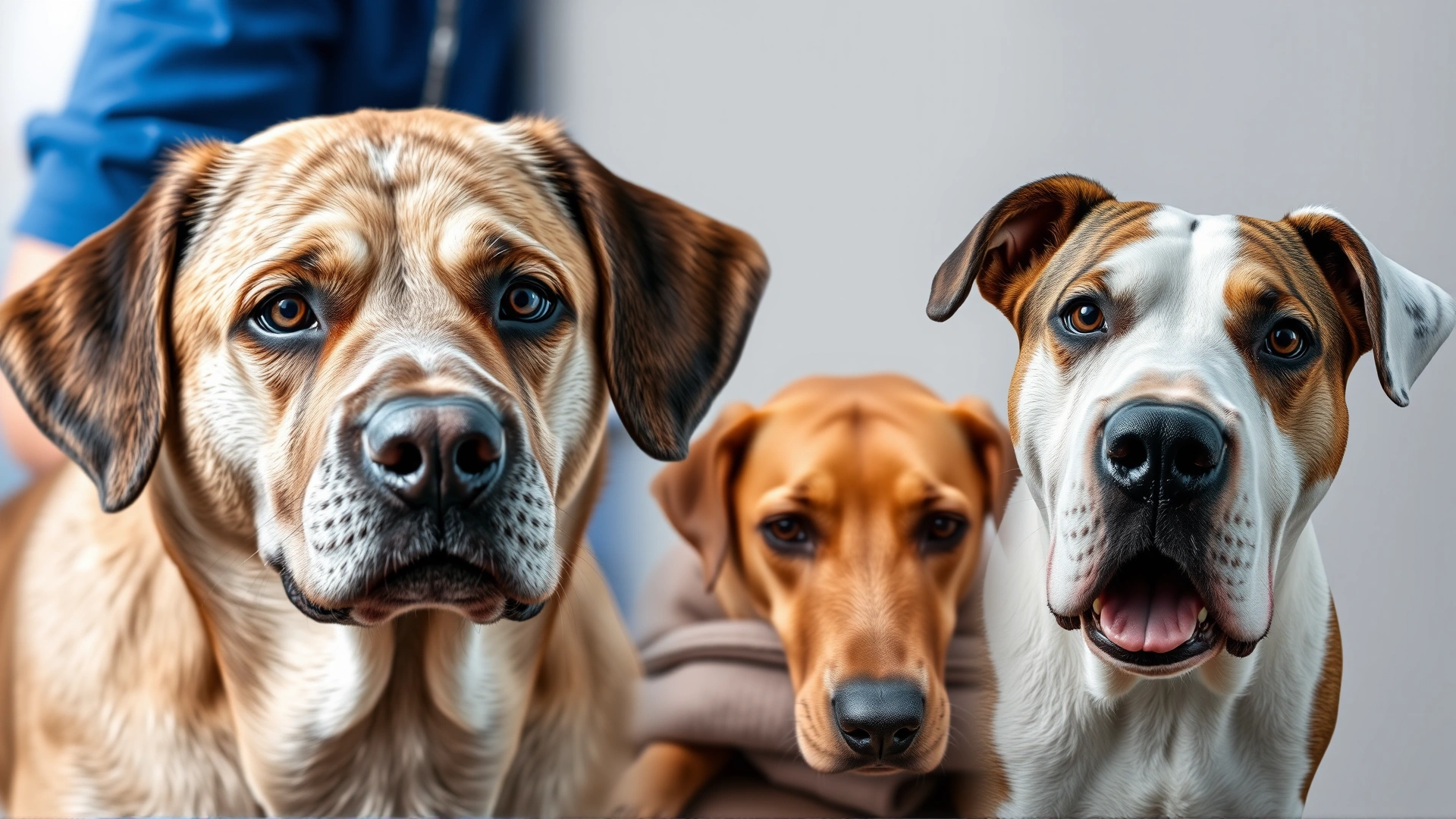 Collage-style image showing a senior dog with a gray muzzle, an overweight dog, and a female dog, neutral background to represent risk factors