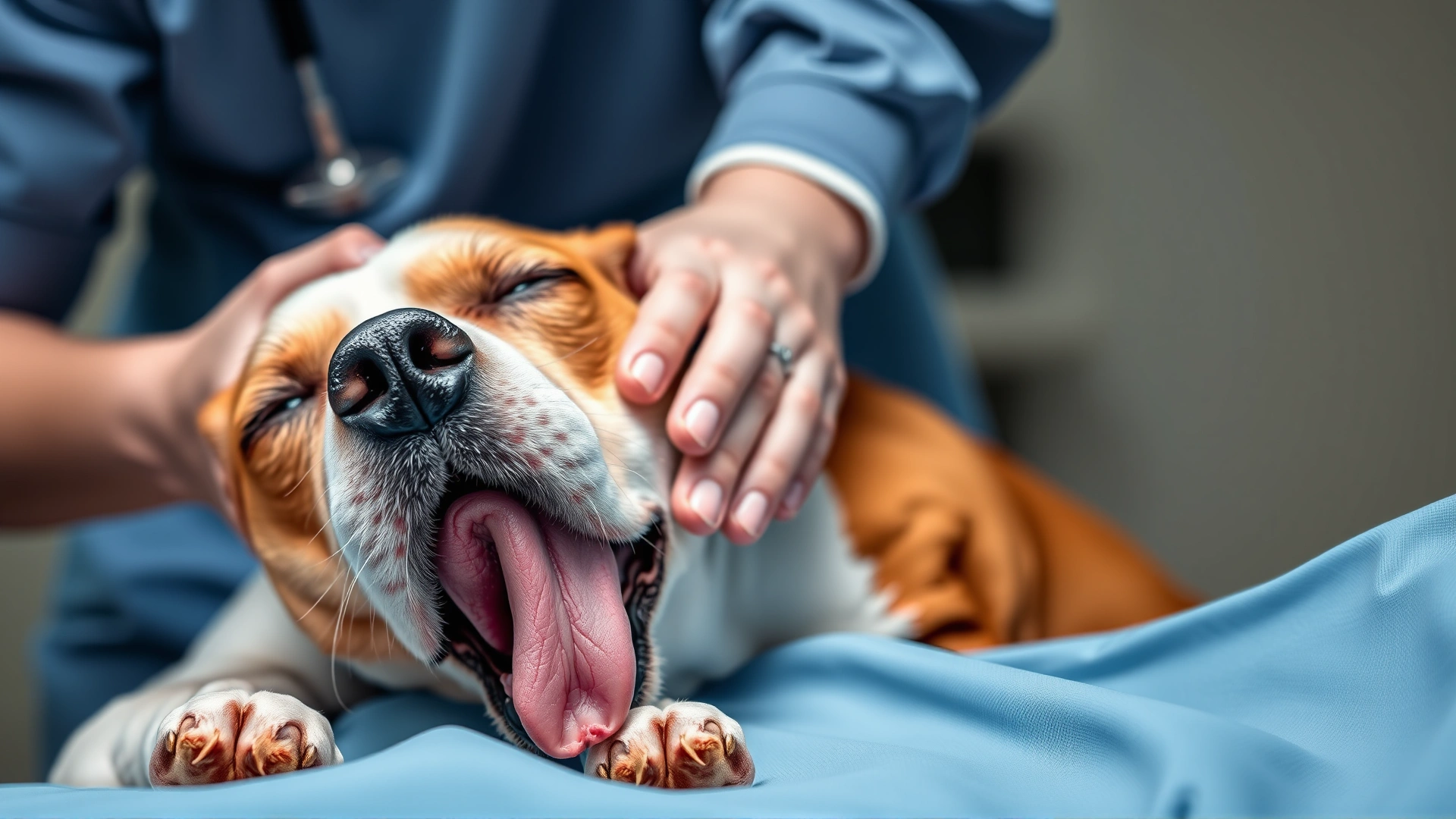 Dog attempting to lick a fresh surgical incision while the owner gently redirects its head, showcasing common post-op risk.