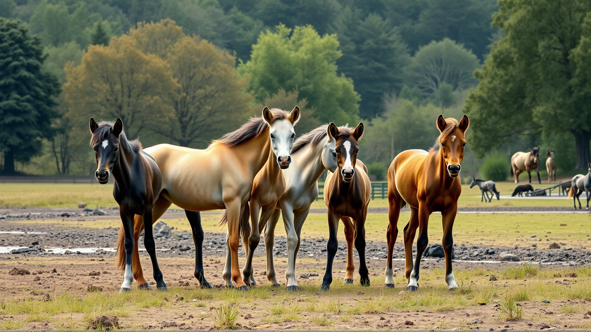 Group of young foals in a paddock with varied environmental backgrounds (trees, water source) representing different risk factors