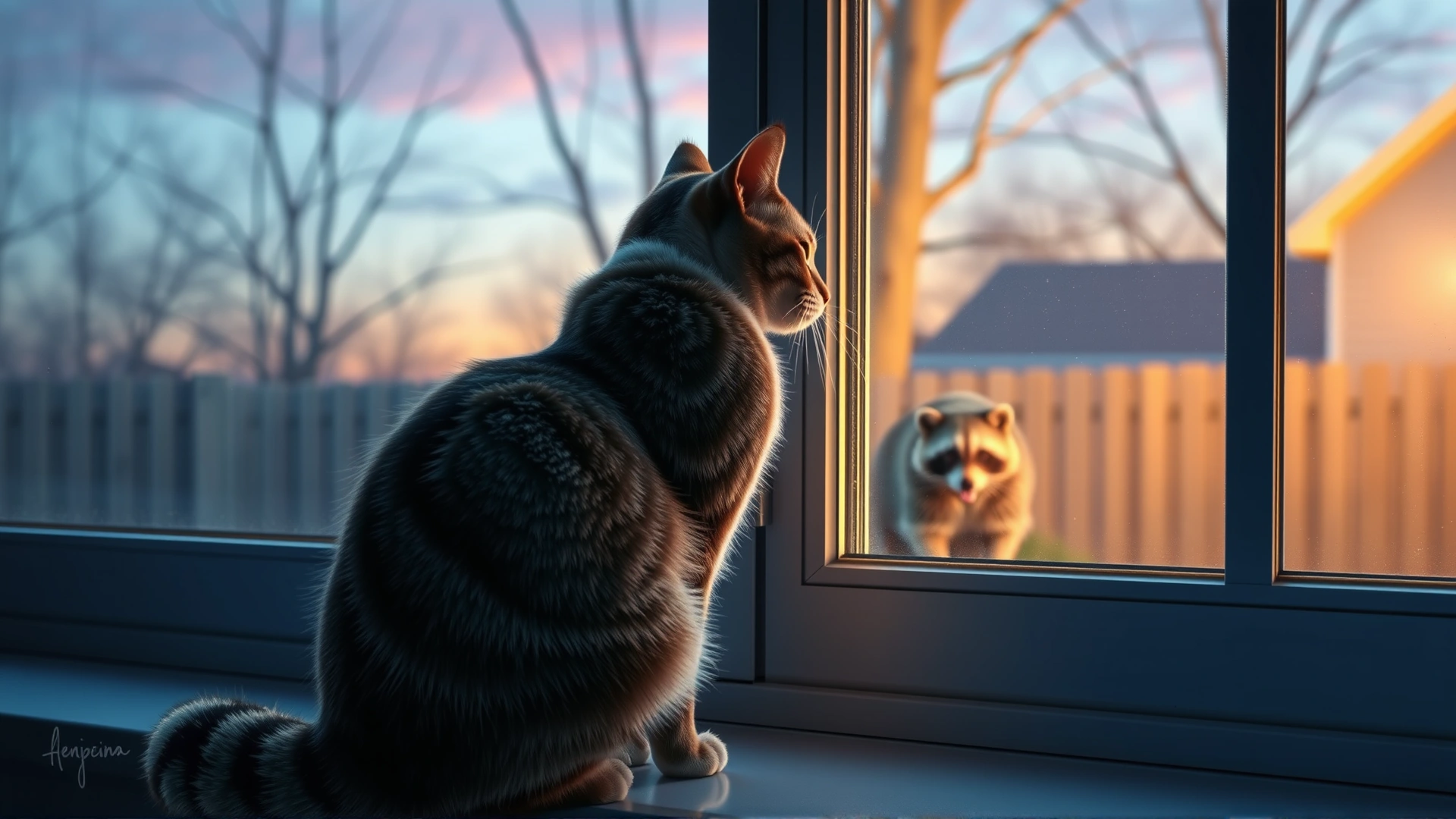 A domestic short-haired cat sitting on an indoor windowsill at dusk, attentively watching a raccoon in the backyard to illustrate wildlife transmission risk.