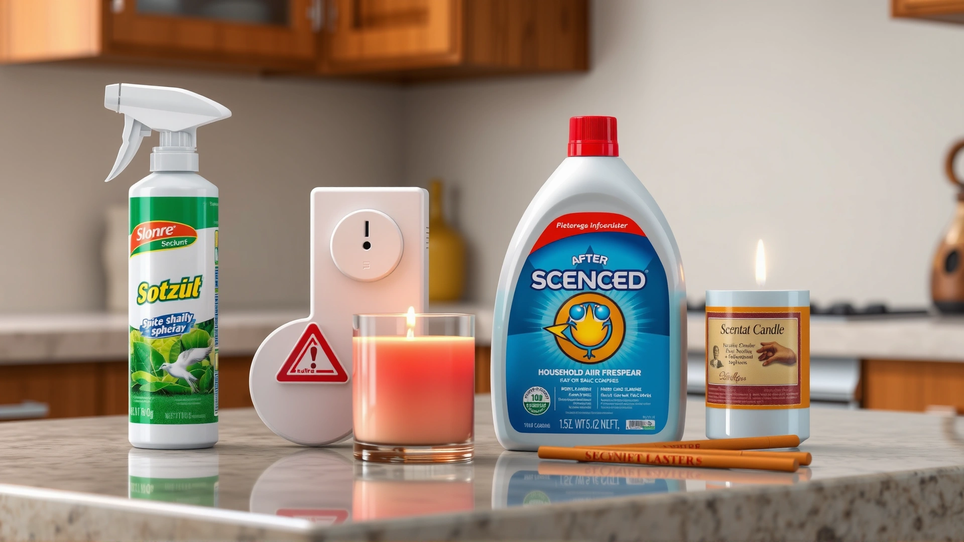 Assortment of common household air fresheners—including aerosol spray, plug-in device, scented candle, and incense—arranged on a kitchen counter to illustrate potential hazards.