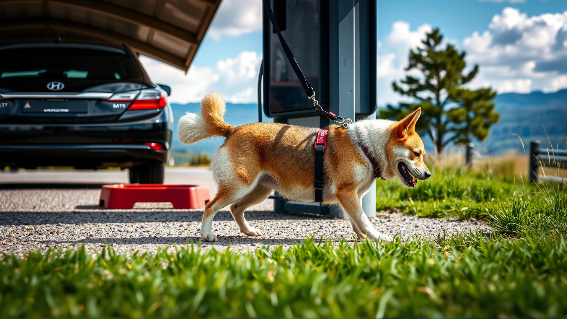 Dog on a leash stretching its legs at a scenic rest stop beside a car