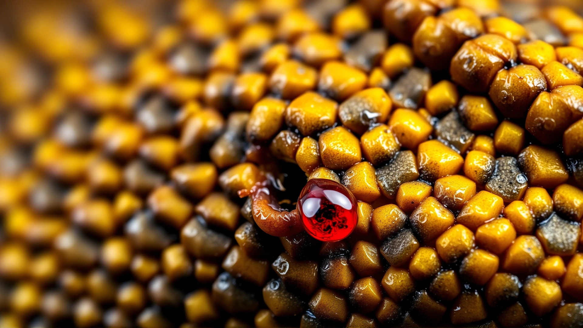 Macro shot of reptile scales with a fresh bite puncture, a drop of blood visible, to emphasize severity of rodent bites.