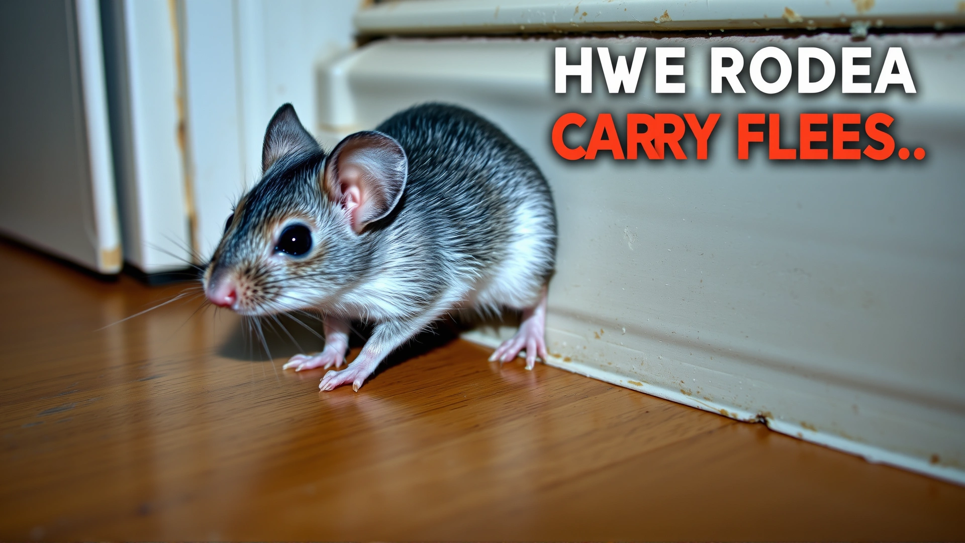 A small mouse sneaking through a baseboard crack inside a house, emphasizing how rodents can carry fleas.
