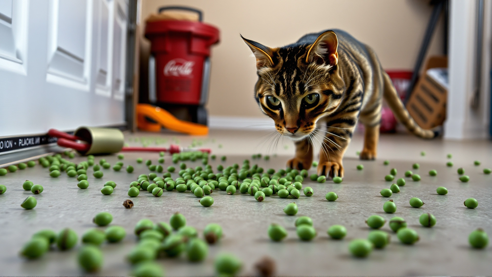 Green rodent poison pellets scattered on garage floor with a cat approaching in the background.
