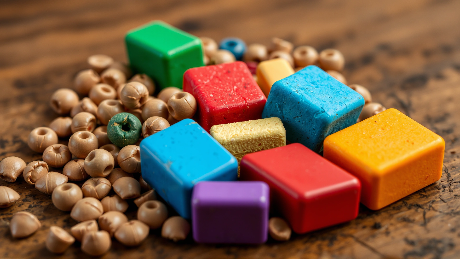 Close-up of assorted rodenticide pellets and blocks in different colors on a wooden surface.