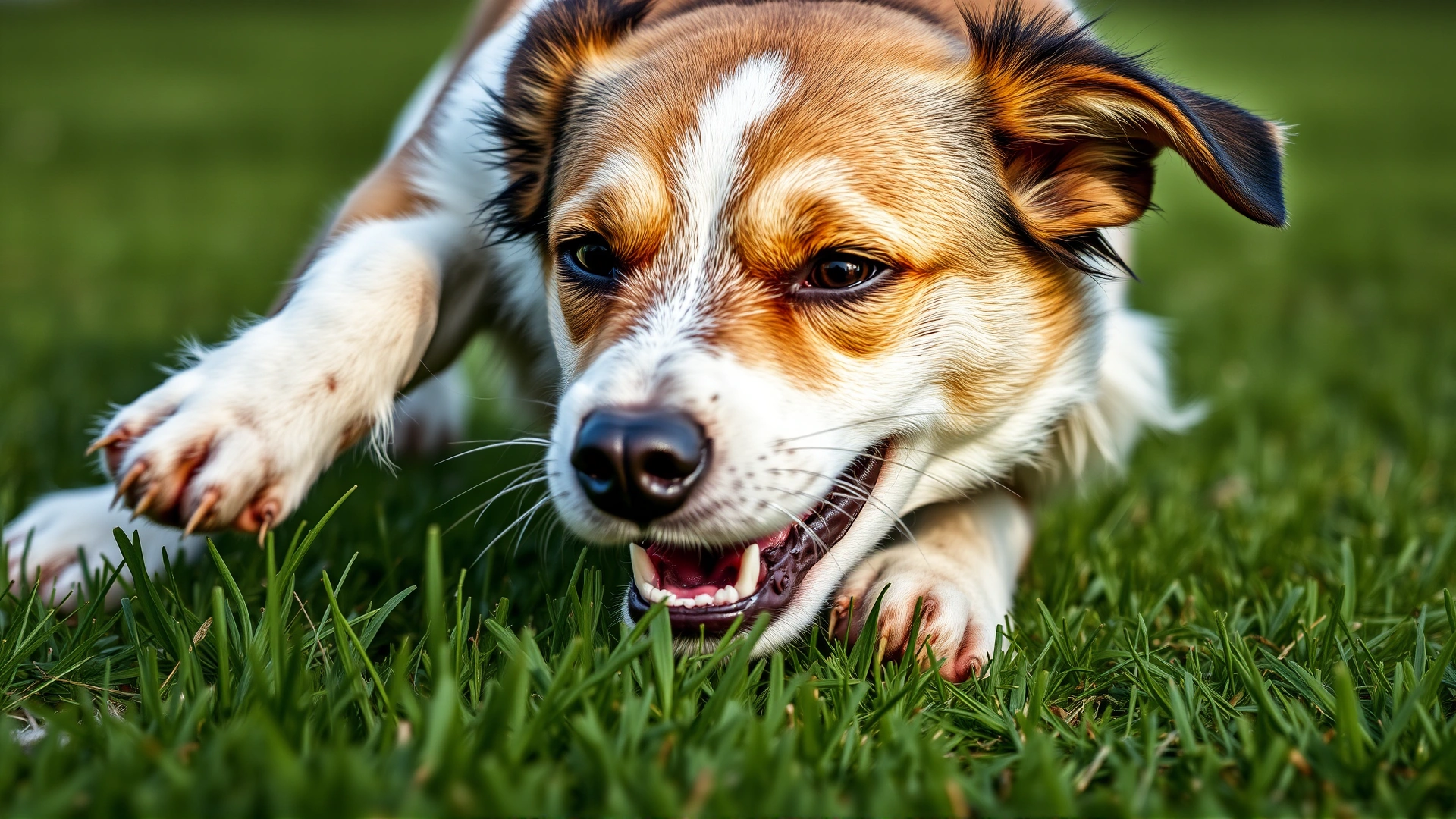 Close-up action shot of a dog mid-roll on bright green grass with slight motion blur in the background
