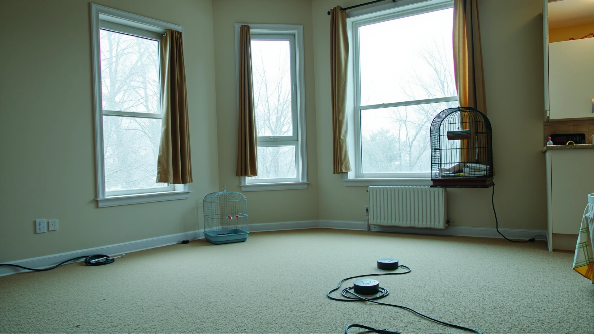 Wide shot of a tidy living room showing bird cage placed away from windows and kitchen, with cable protectors on floor.