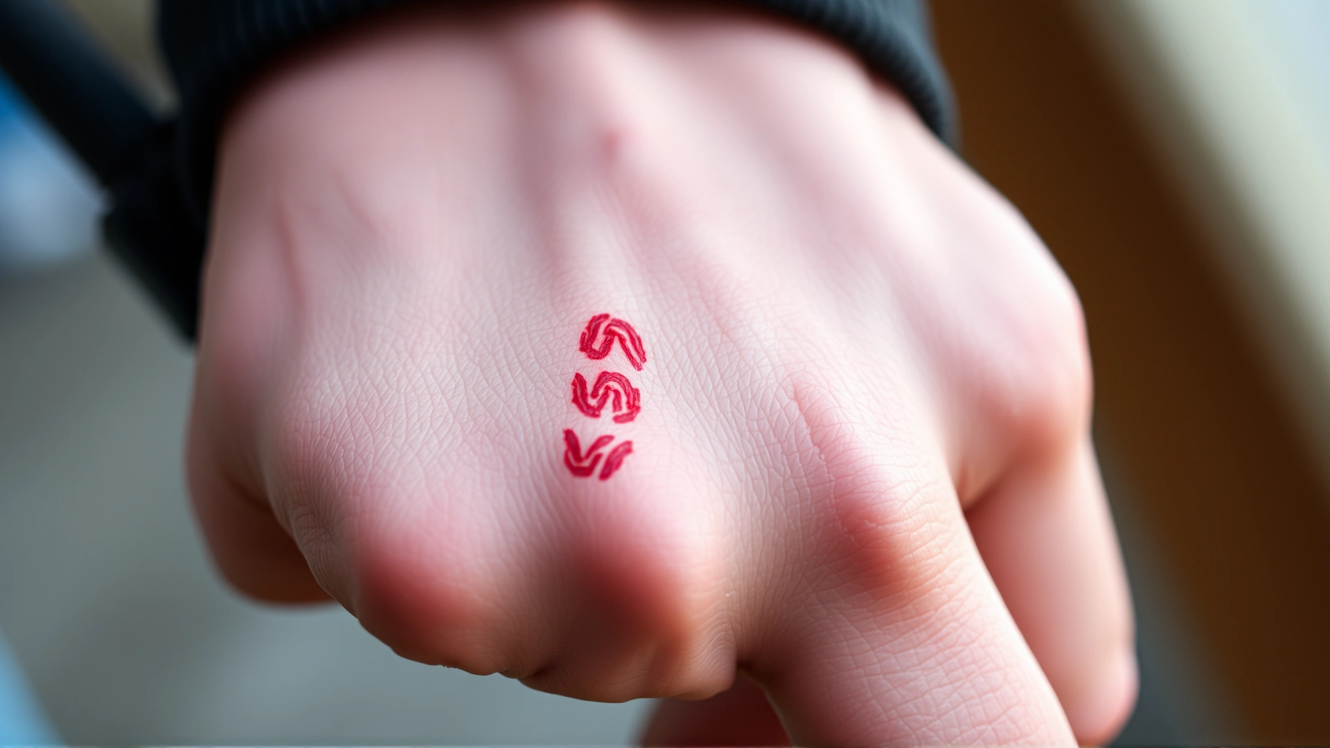 Close-up of a human hand showing a mild rope burn mark with a thin retractable leash cord visible, blurred outdoor background