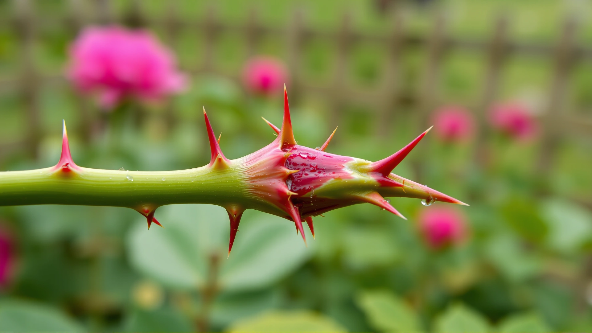 Macro shot of sharp rose thorns on a green stem with blurred garden background