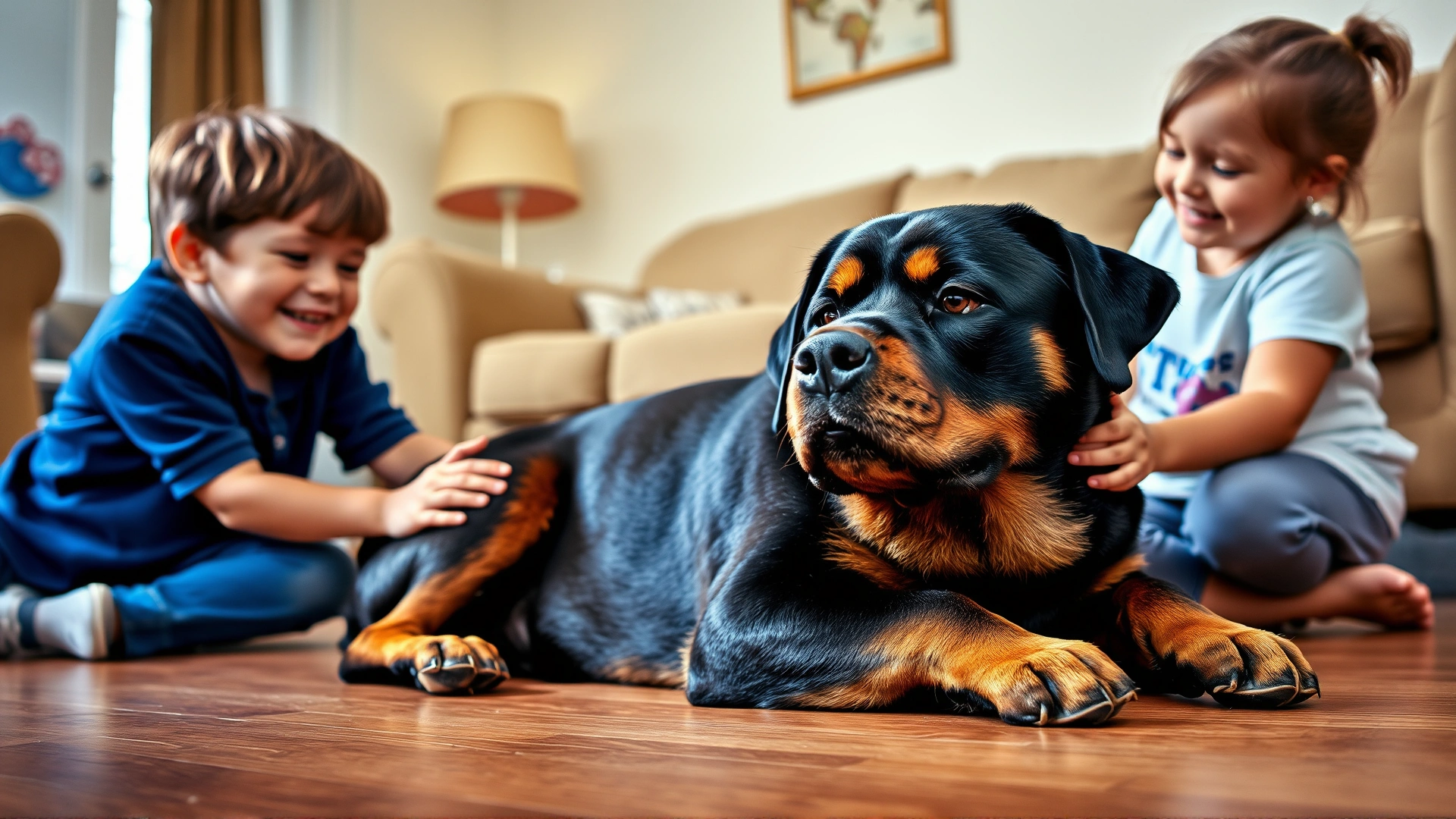 A gentle Rottweiler lying on the floor with two smiling children petting it in a cozy living room, warm tones, no text.