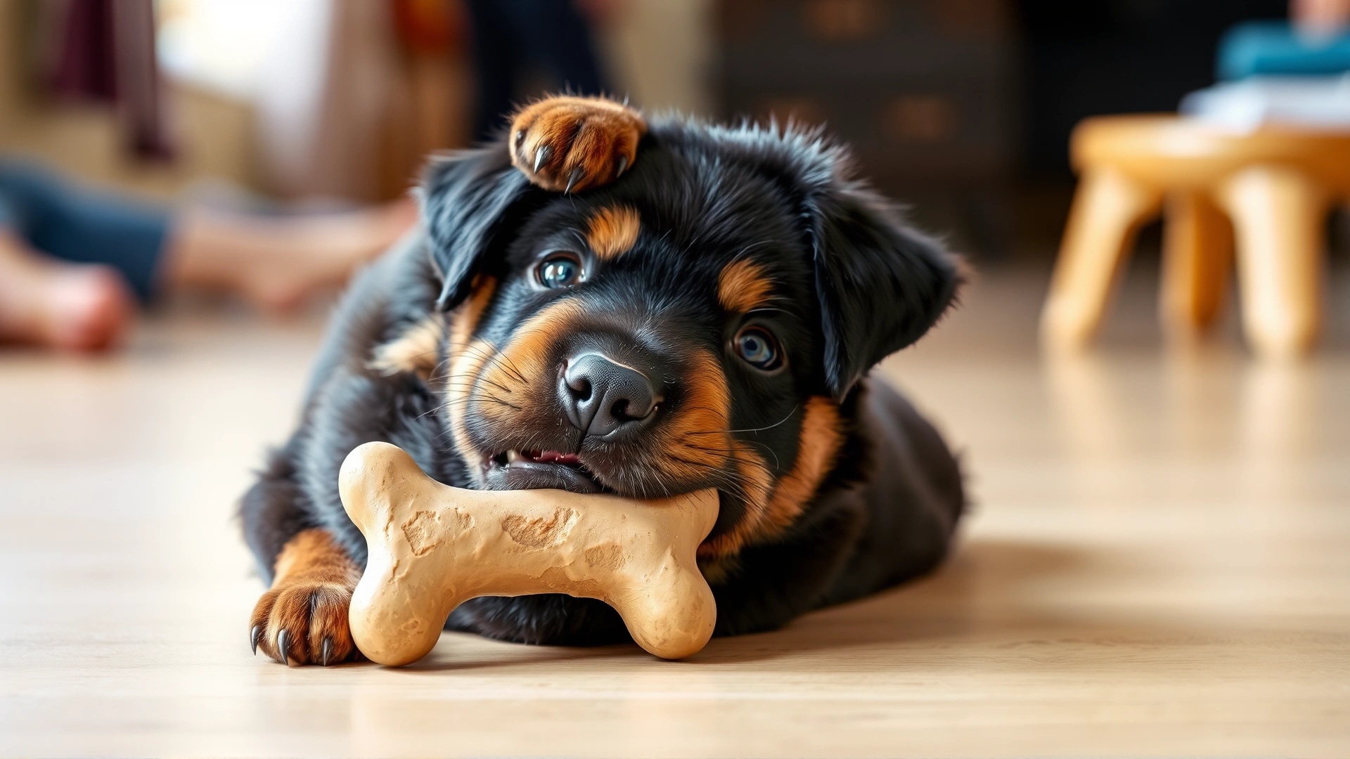 Playful Rottweiler pup lying on its back with a toy bone between its paws, bright playful atmosphere, no text.