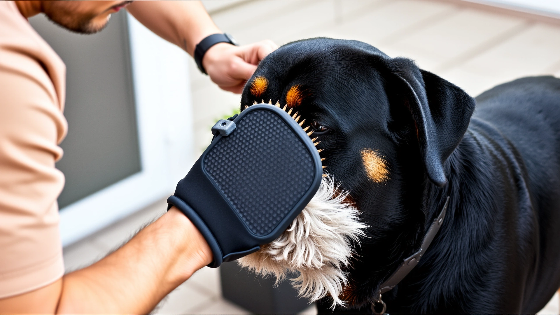 Owner brushing a Rottweiler’s coat with a rubber grooming mitt on a patio, loose fur visible, no text.