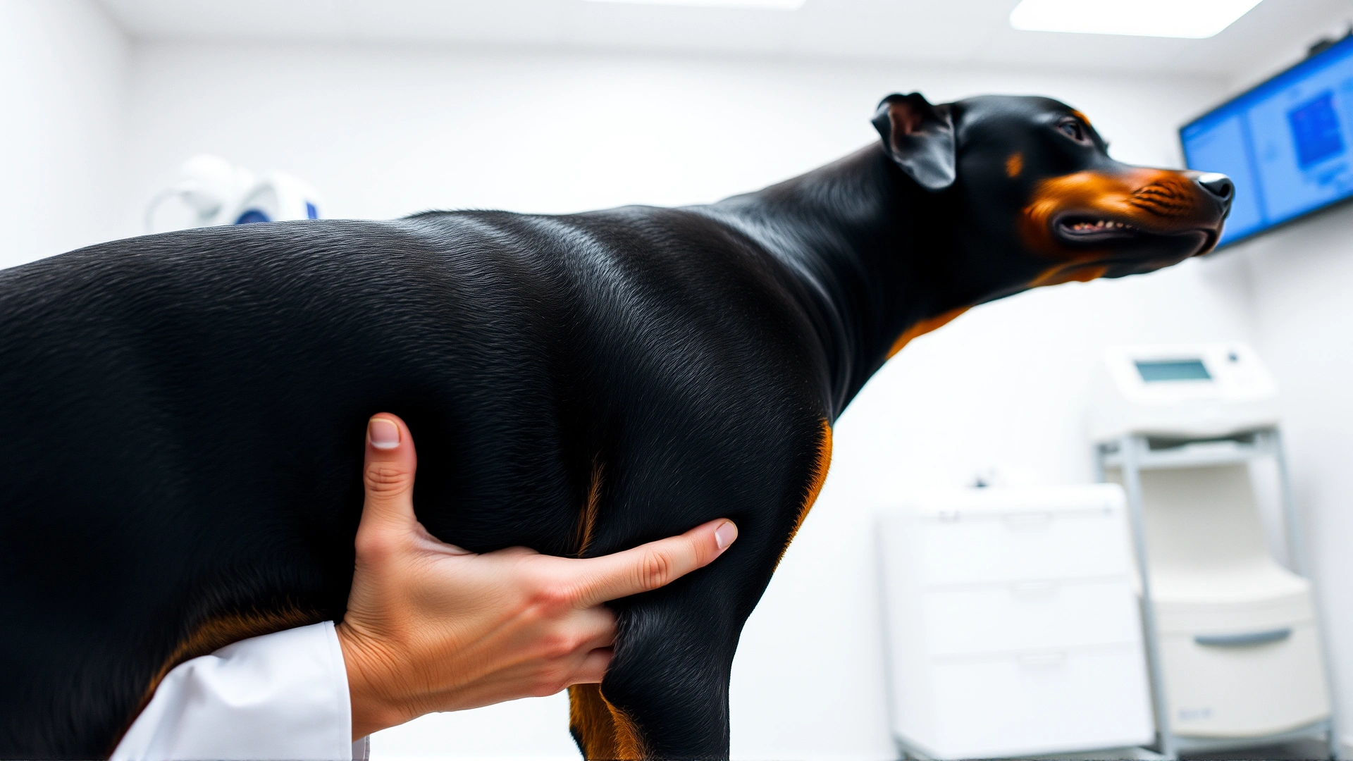 Veterinarian examining a Rottweiler’s hip with gentle hands in a modern clinic, medical equipment blurred in background, no text.