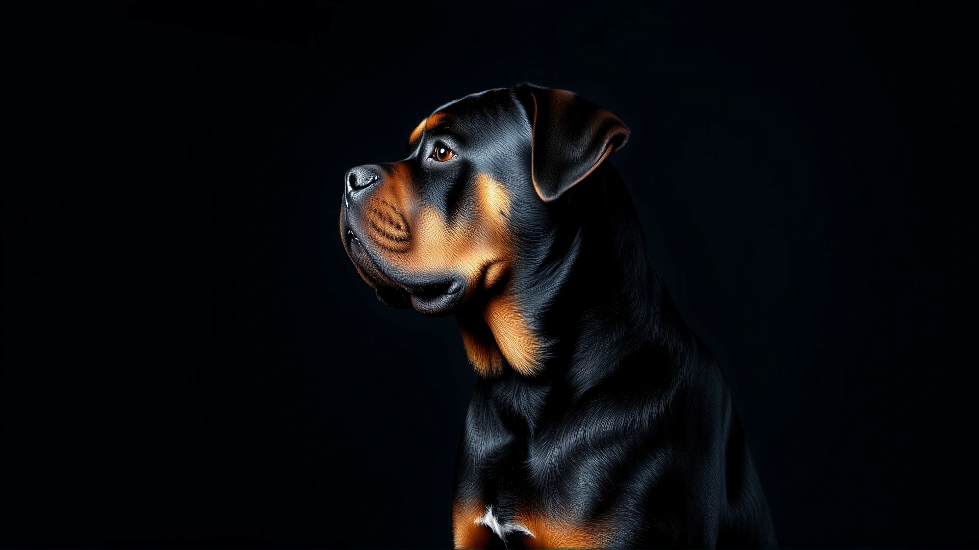 Side profile portrait of an adult male Rottweiler against a neutral dark background, studio lighting highlighting muscle definition, no text.