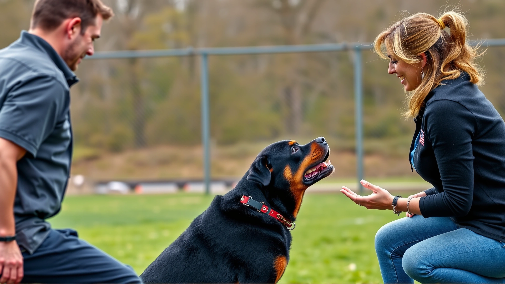 Dog trainer giving a Rottweiler commands in an outdoor obedience class, both looking focused, soft depth of field, no text.