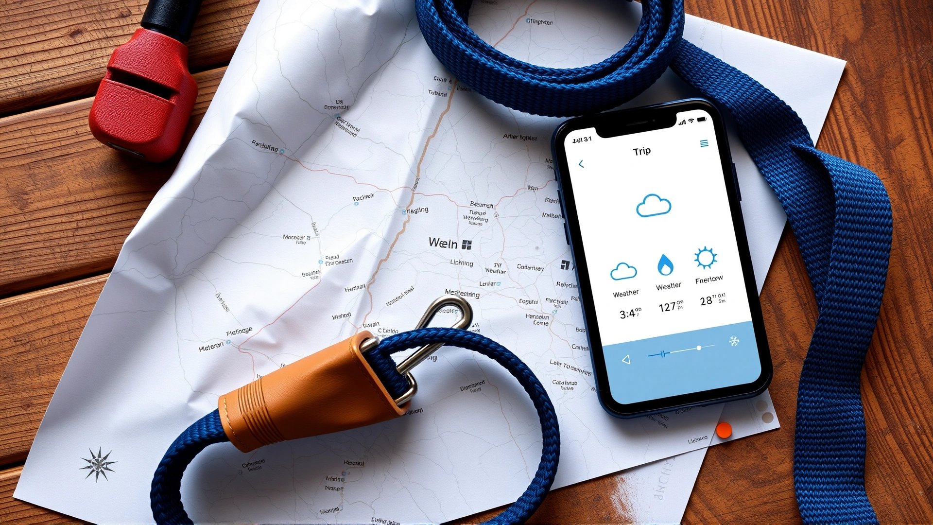 Flat lay of a paper map, smartphone showing a weather app with snow icons, and a dog leash placed on top; wooden table; represents trip planning for cold weather