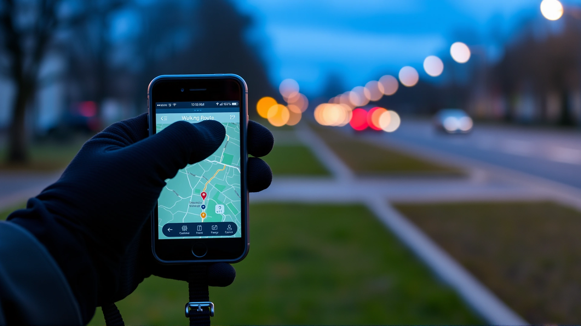 Smartphone showing a mapped walking route in a gloved hand while holding a leash, with blurry streetlights in the background