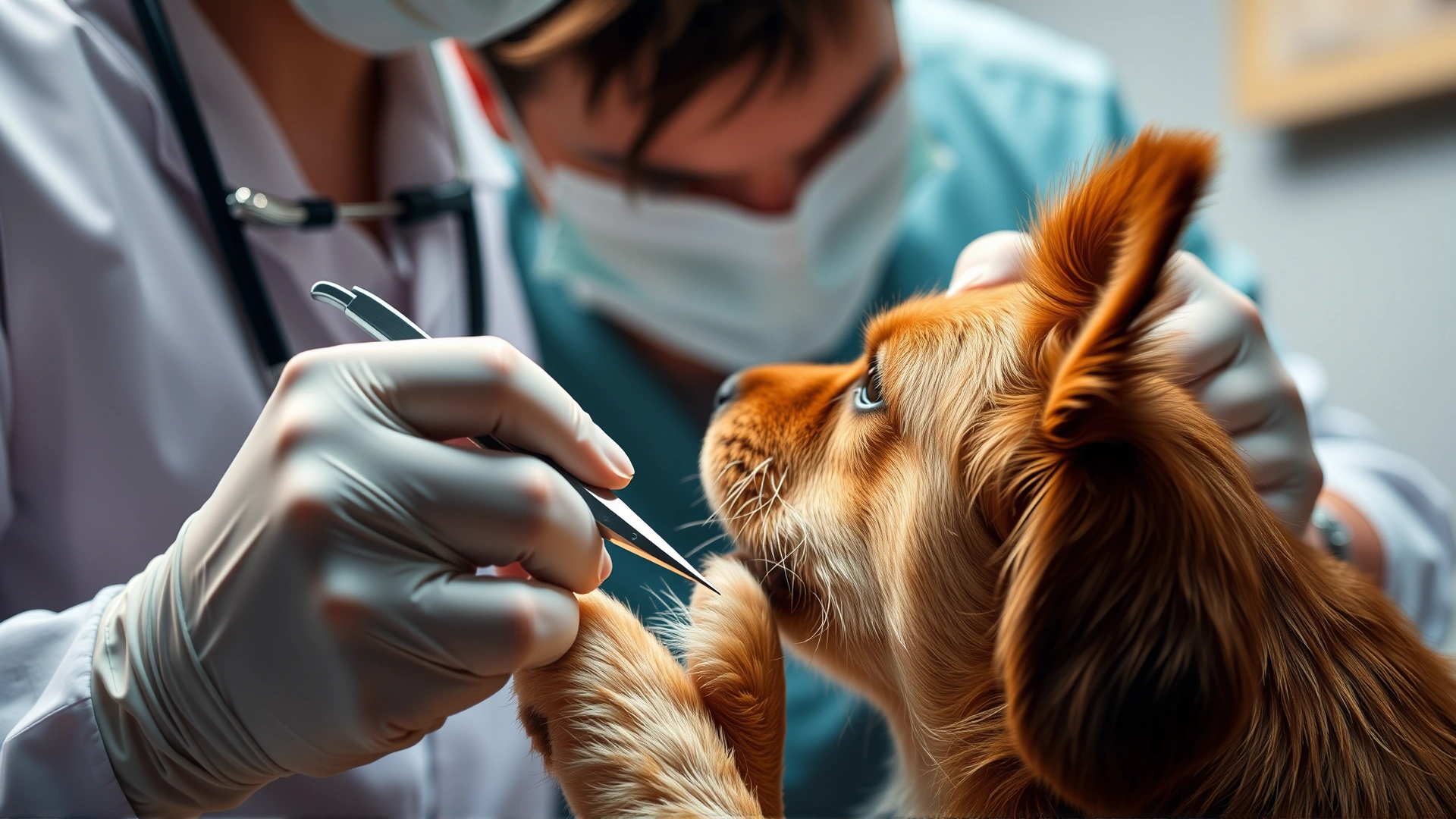Close-up of veterinarian carefully trimming a dog’s nails and cleaning its ears during a routine check-up, warm clinic lighting