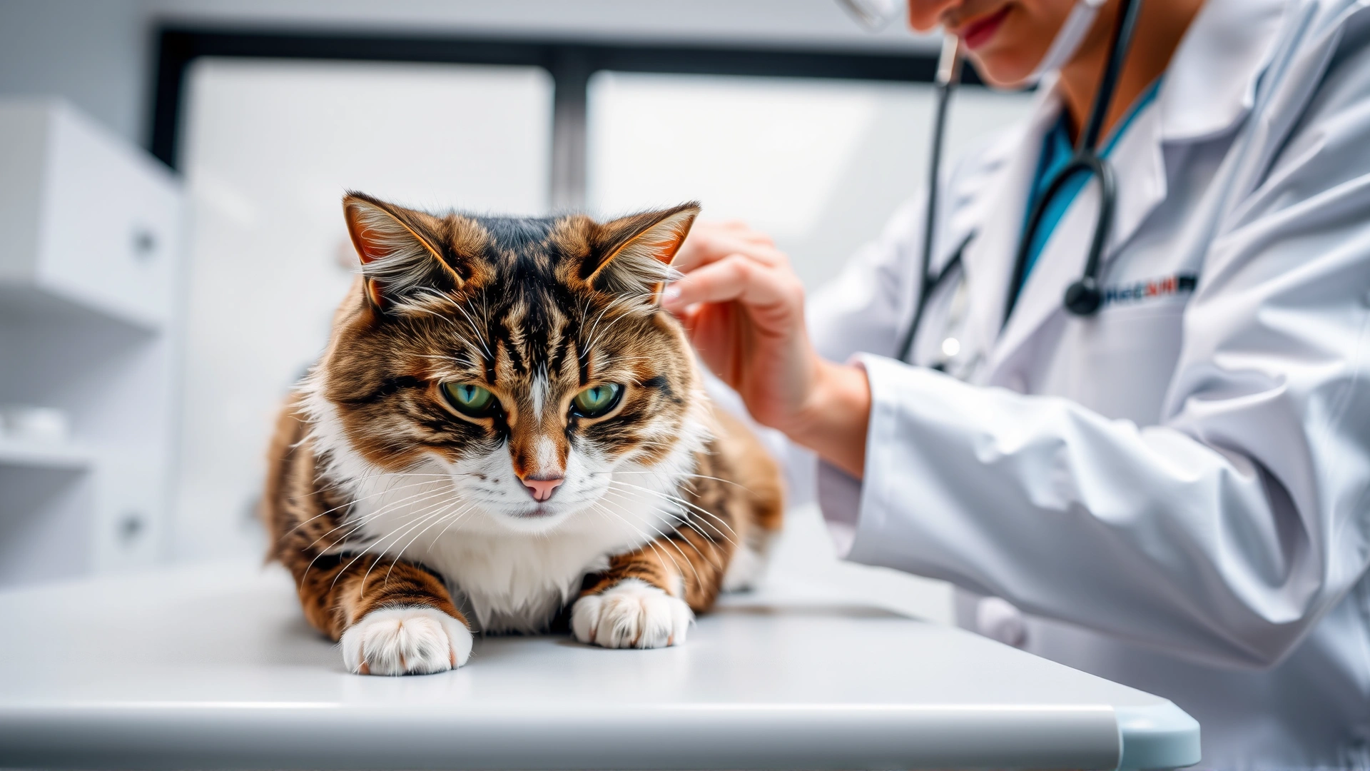Veterinarian gently examining a calm cat on an examination table in a modern vet clinic, illustrating preventive care.