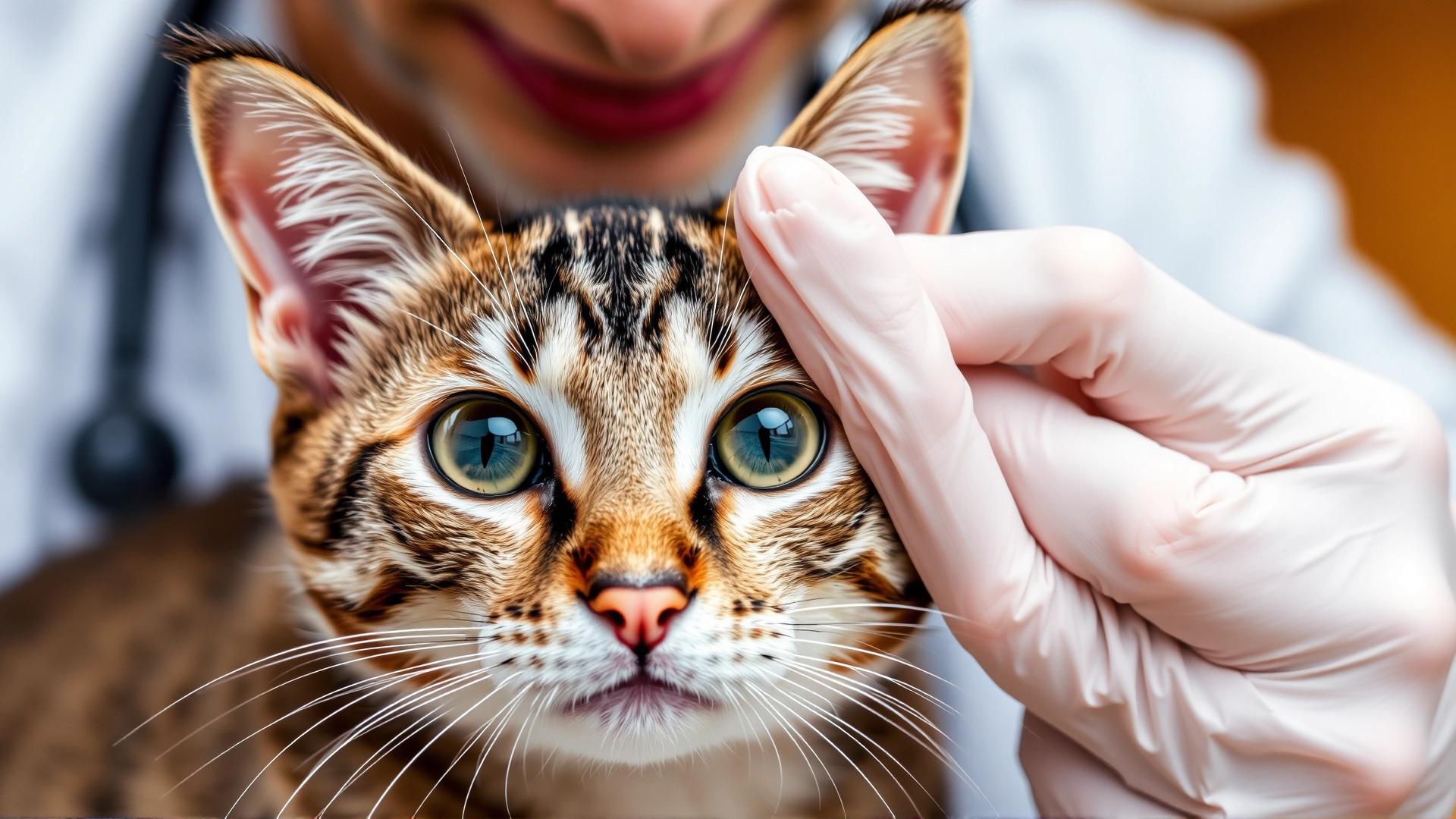 Close-up of a vet examining a cat's ears and eyes during a routine wellness check.