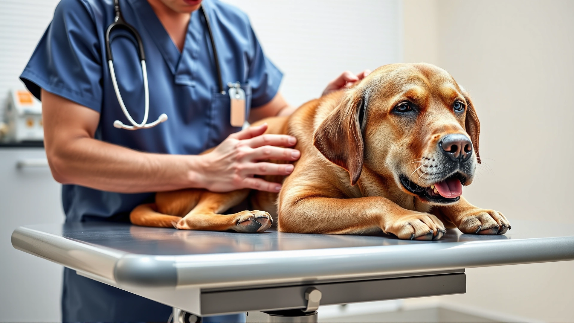 Veterinarian gently examining an older Labrador Retriever on an exam table, stethoscope visible, bright clinic setting.