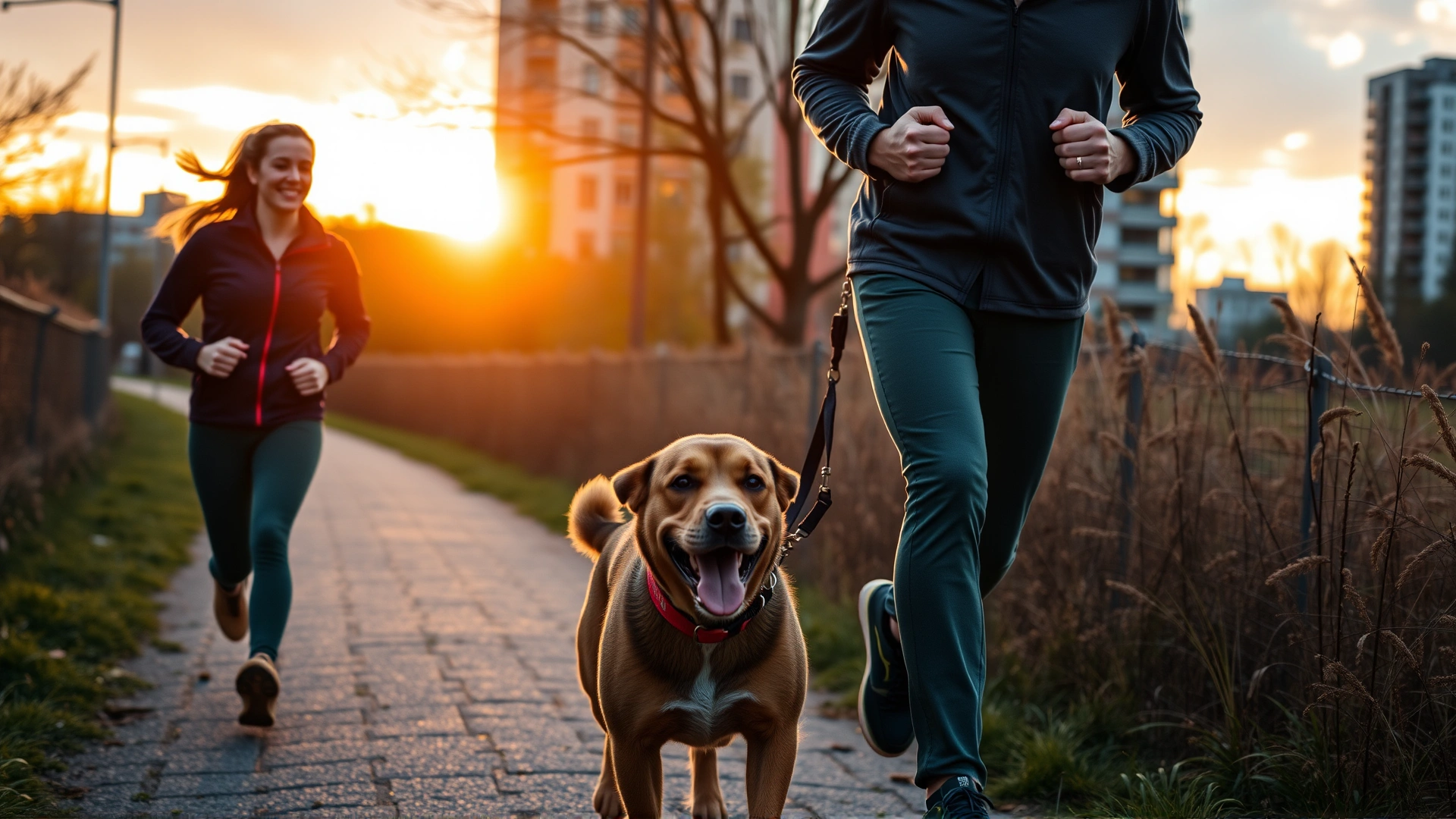 Active couple jogging with their energetic dog on an urban trail at dawn, showcasing shared healthy routines