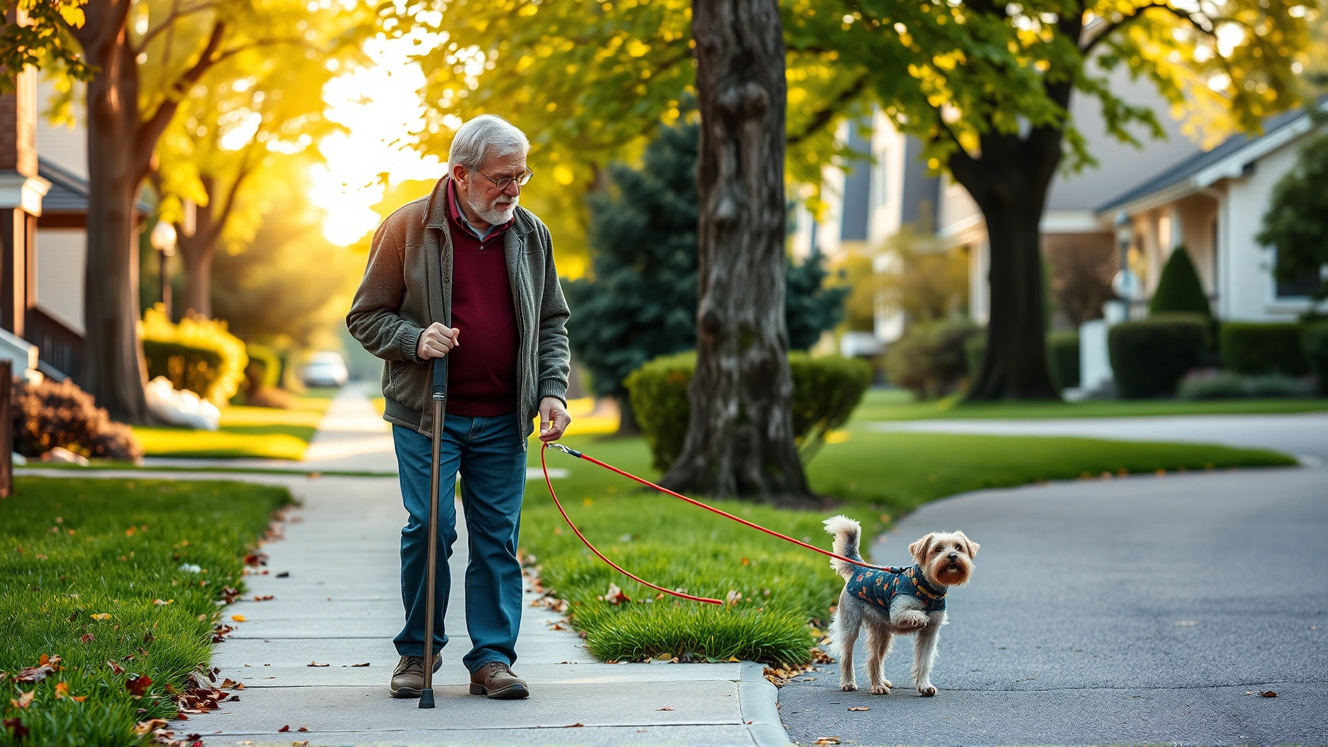Morning outdoor scene of a grey-haired gentleman using a walking cane while guiding a small terrier on a leash along a leafy neighborhood sidewalk.