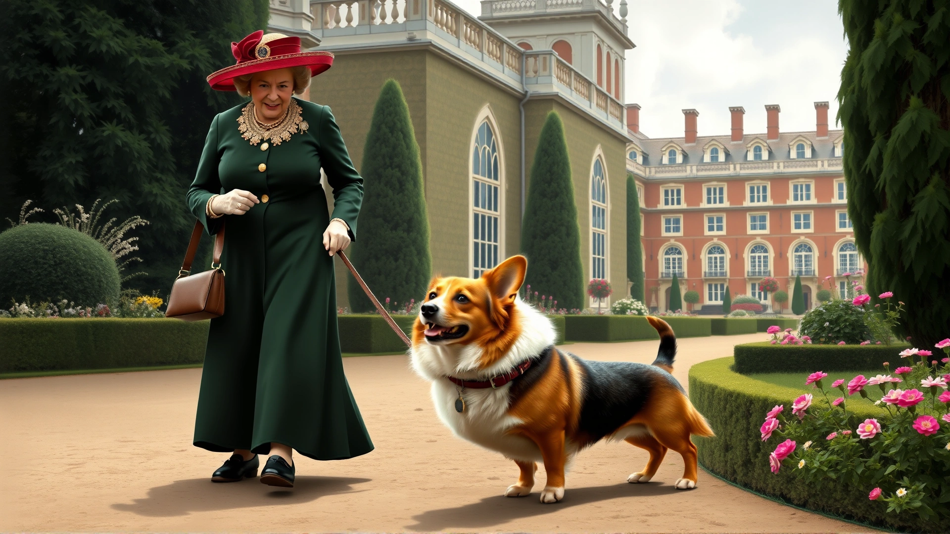 Vintage-style illustration of Queen Elizabeth II walking a corgi and a dachshund together in a palace garden, hinting at the breed’s royal origin.