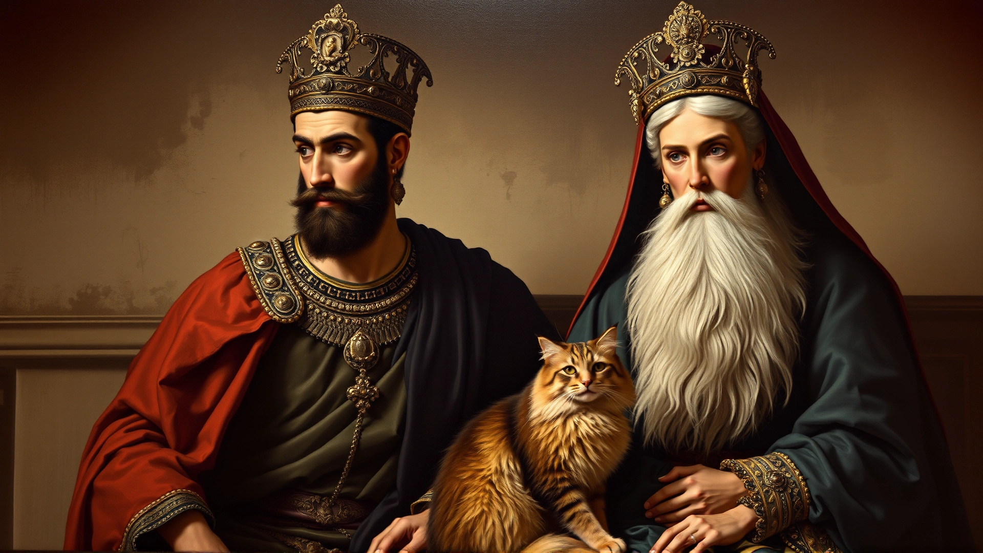 Vintage illustration style painting depicting ancient Persian royalty with a long-haired cat at their side, muted colors, museum lighting.
