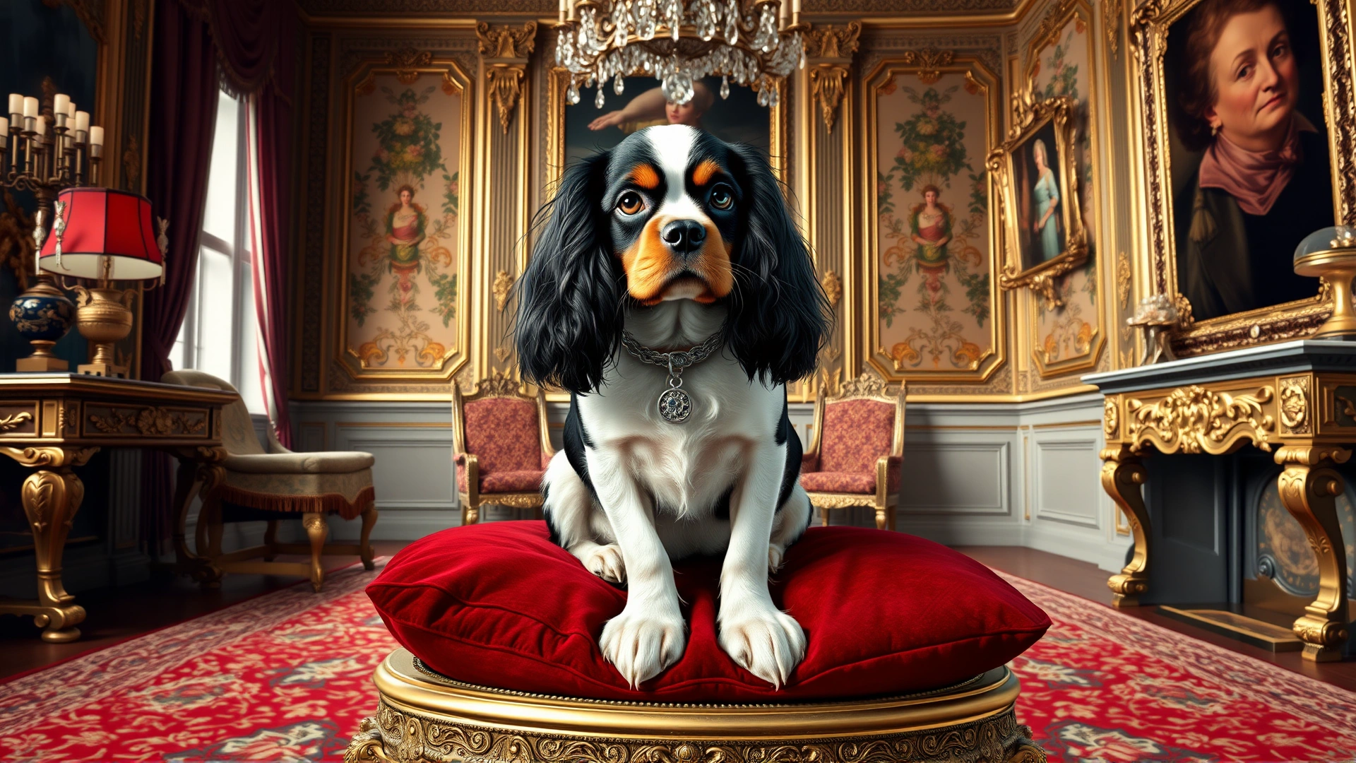 English Toy Spaniel sitting on a deep-red velvet cushion inside an ornate Victorian drawing room, highlighting its royal heritage