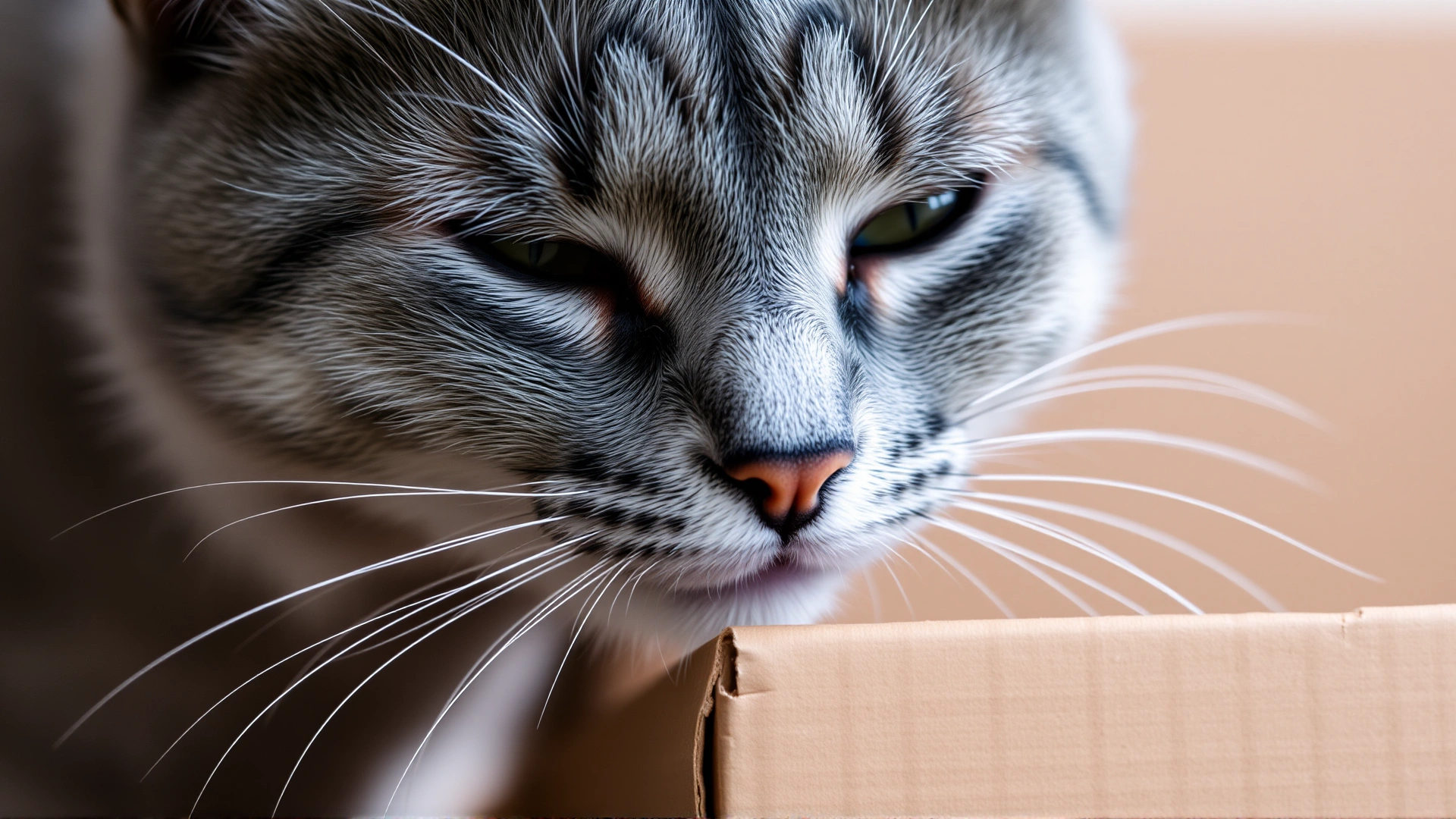 Close-up of a gray cat rubbing its cheek against the corner of a cardboard box, whiskers forward, indicating scent marking behavior.