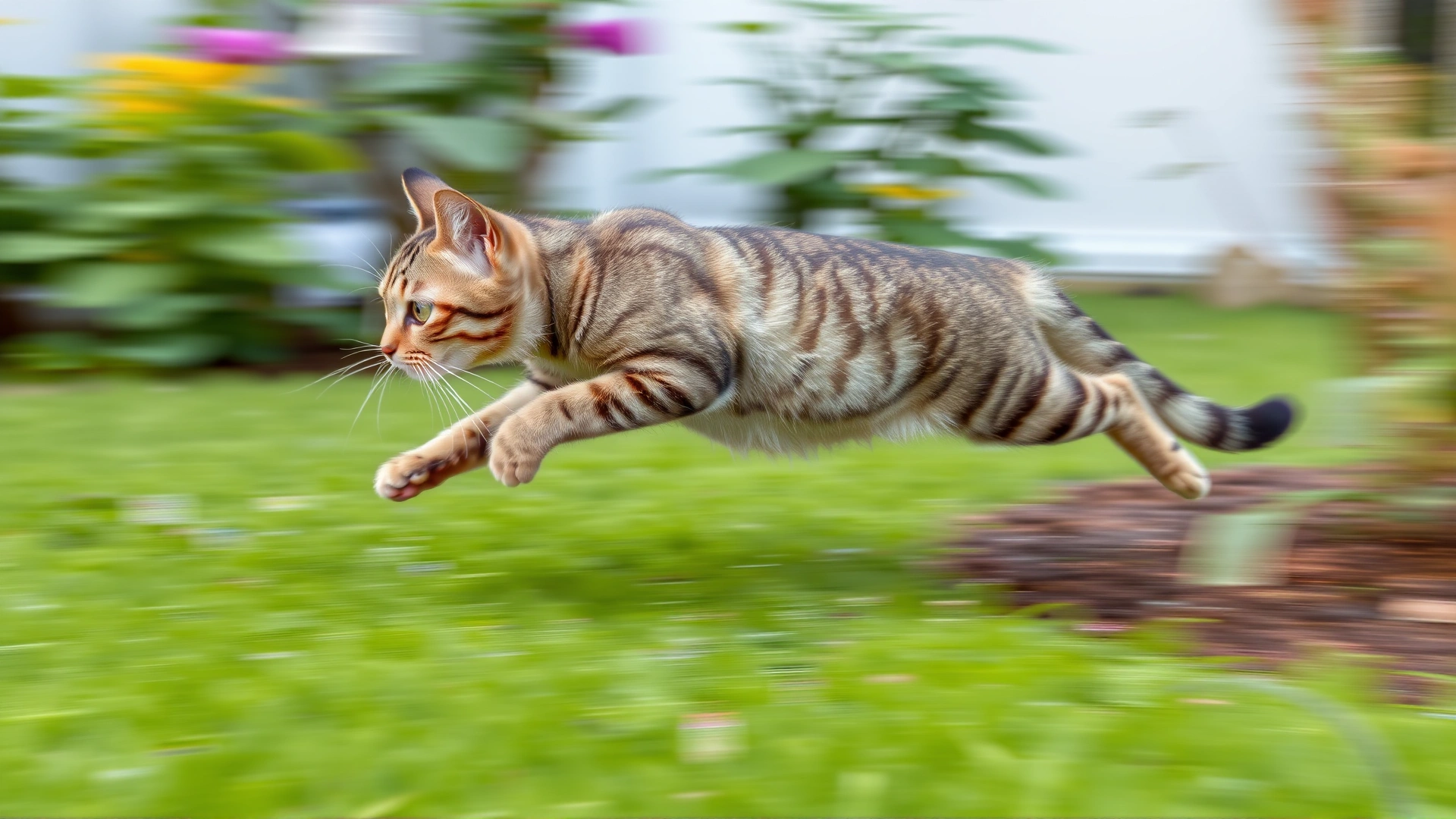 High-speed photograph of a tabby cat sprinting across a green garden lawn with motion blur in the background conveying speed, no text