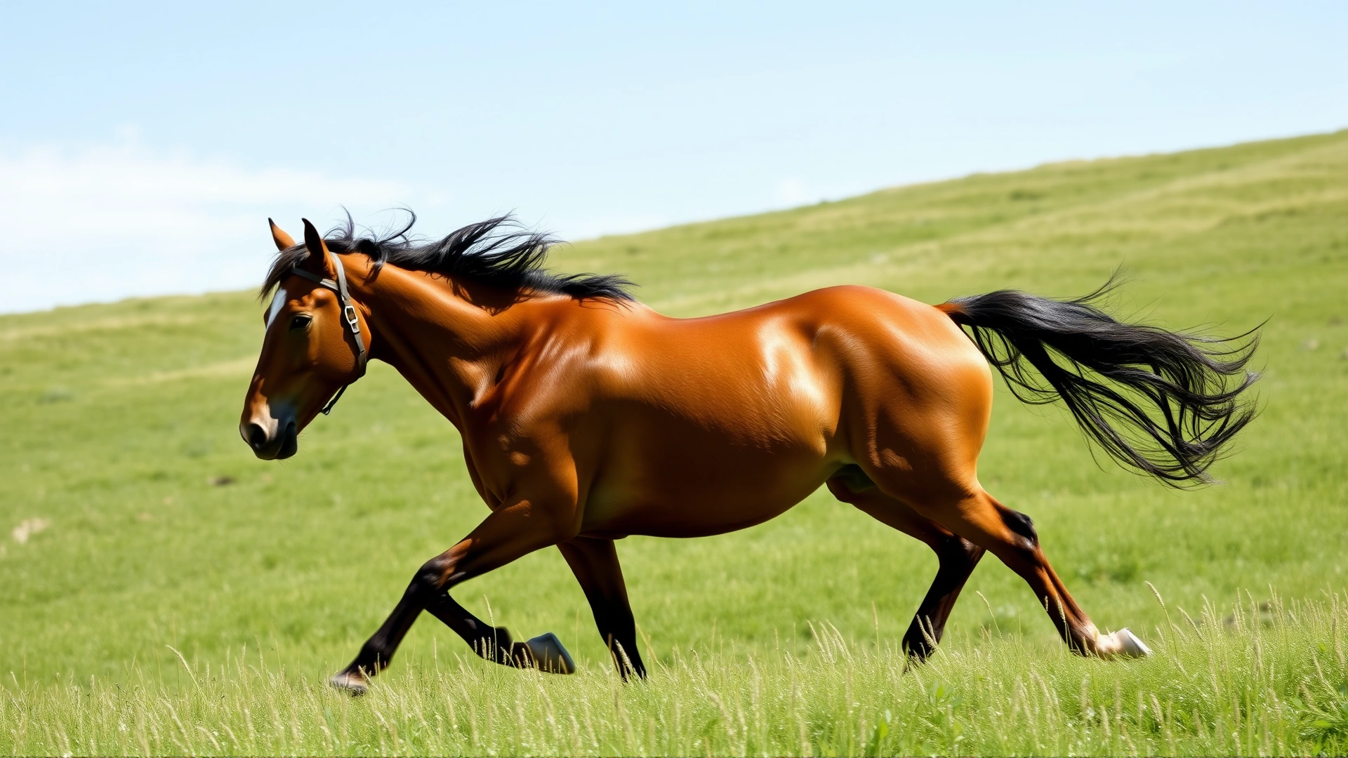Dynamic shot of a healthy bay horse galloping across a lush green pasture under clear blue skies